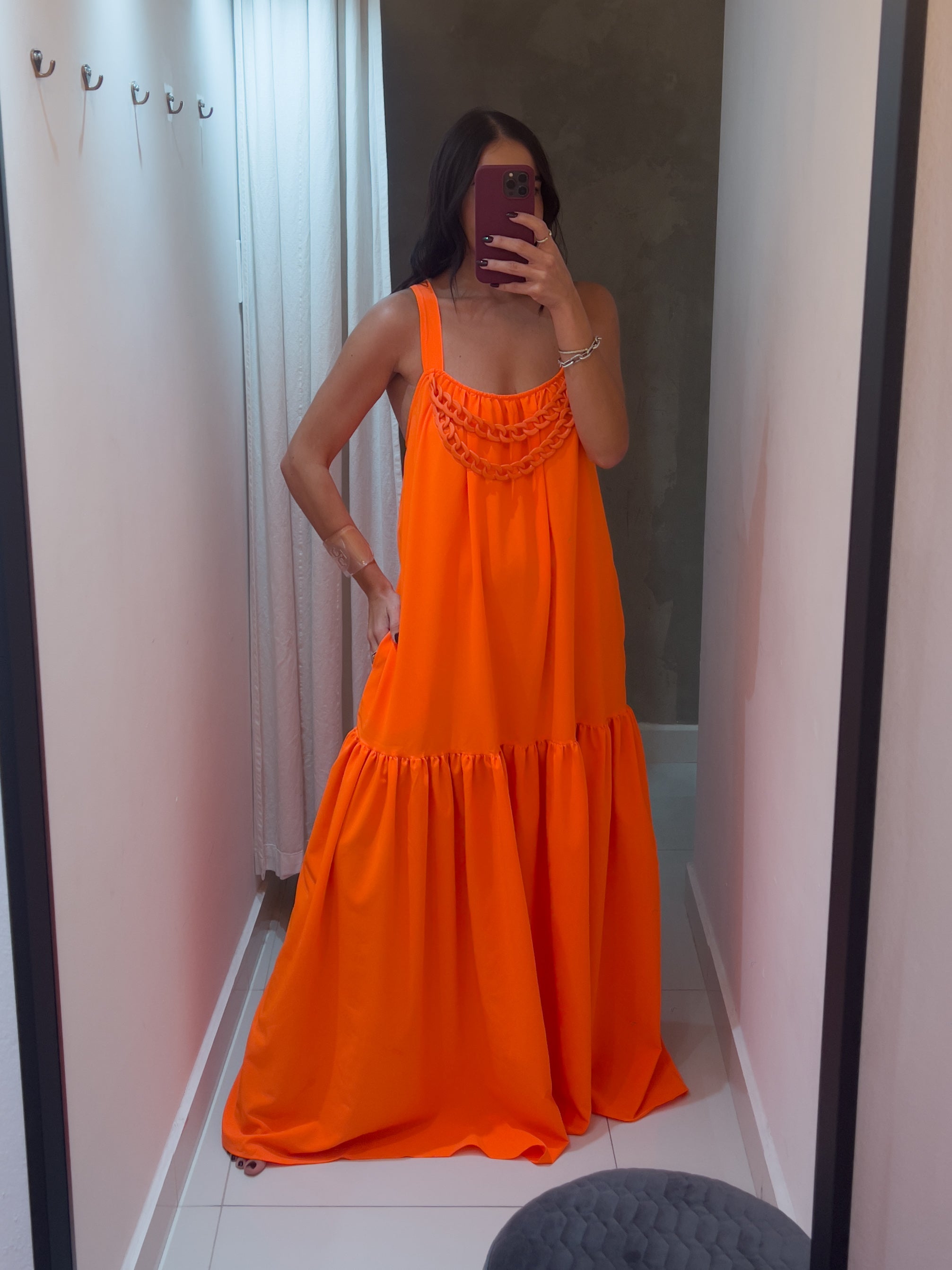 MARIETTA NEON ORANGE CHAIN MAXI DRESS