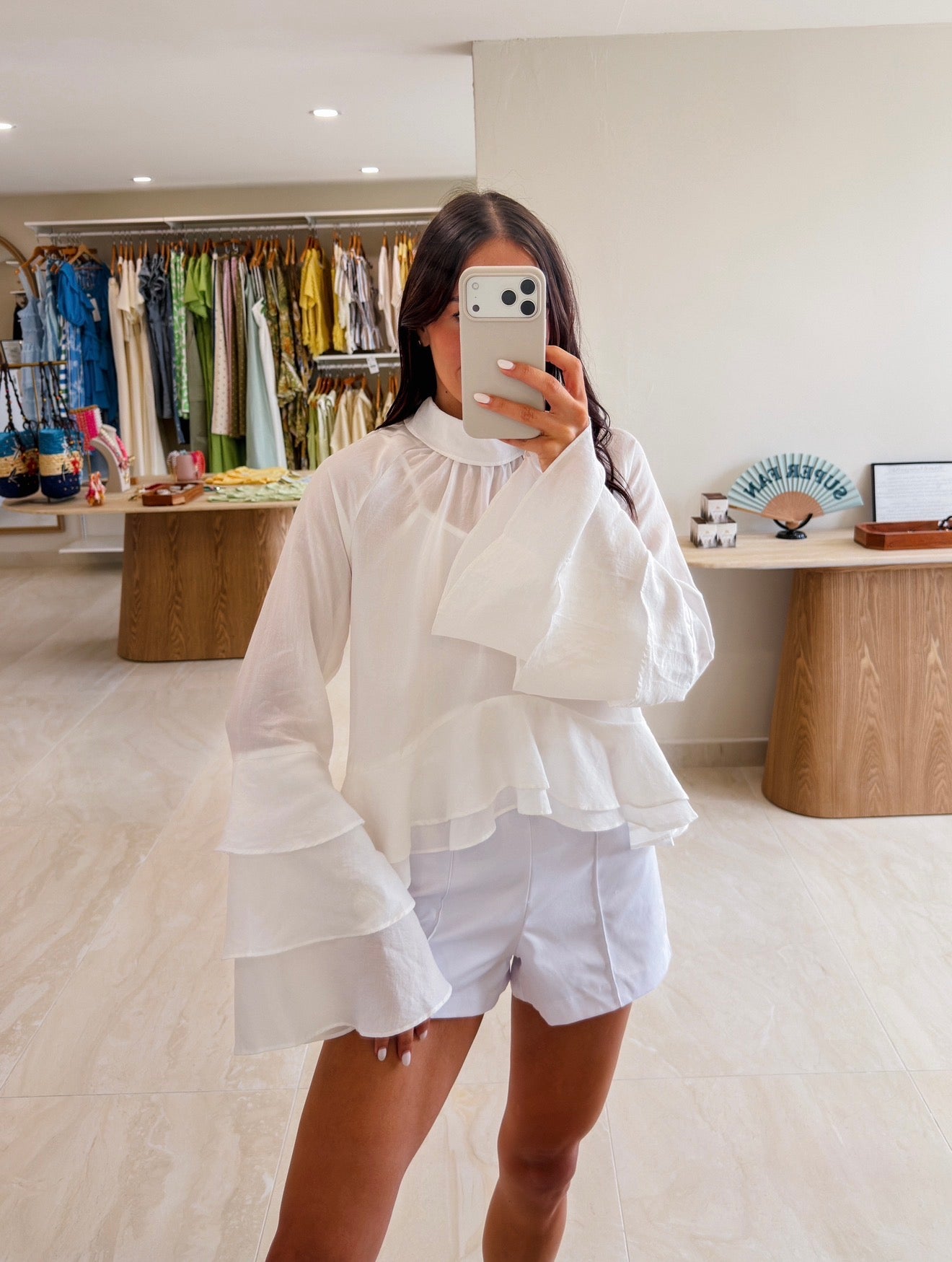NADIA WHITE LONG SLEEVE RUFFLE TOP