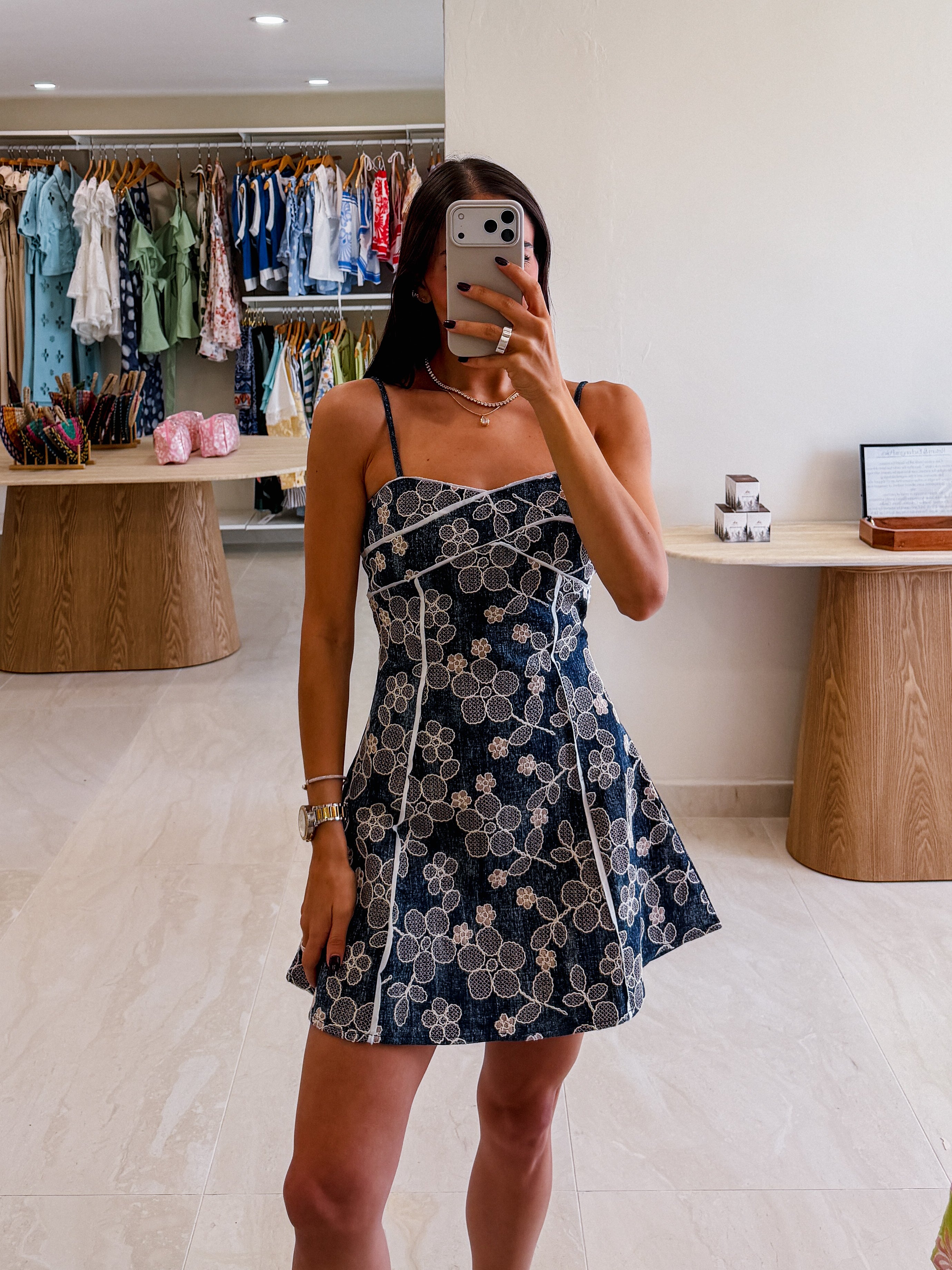 EVE DARK DENIM FLOWER CONTRAST MINI DRESS