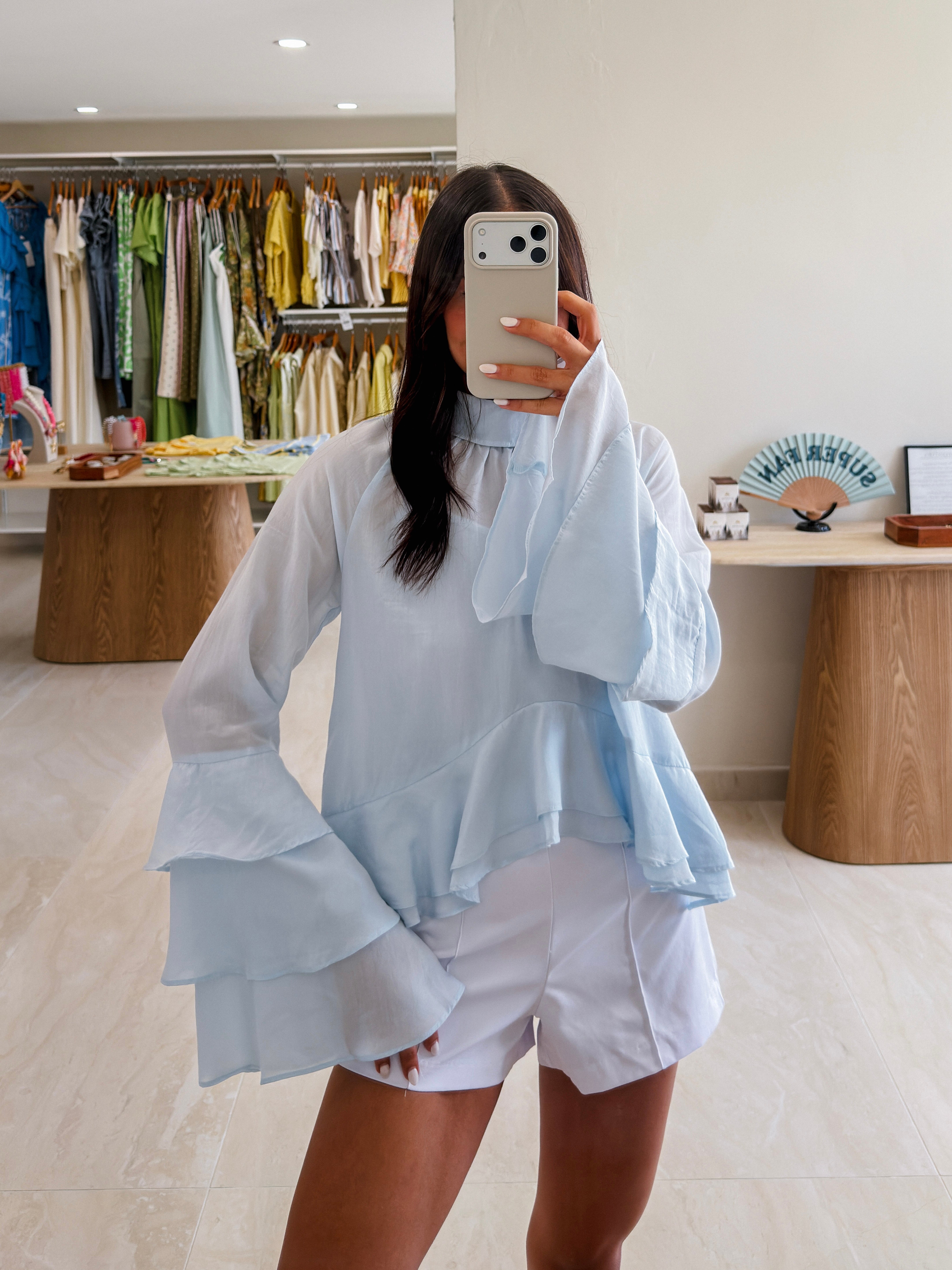 NADIA BLUE LONG SLEEVE RUFFLE TOP