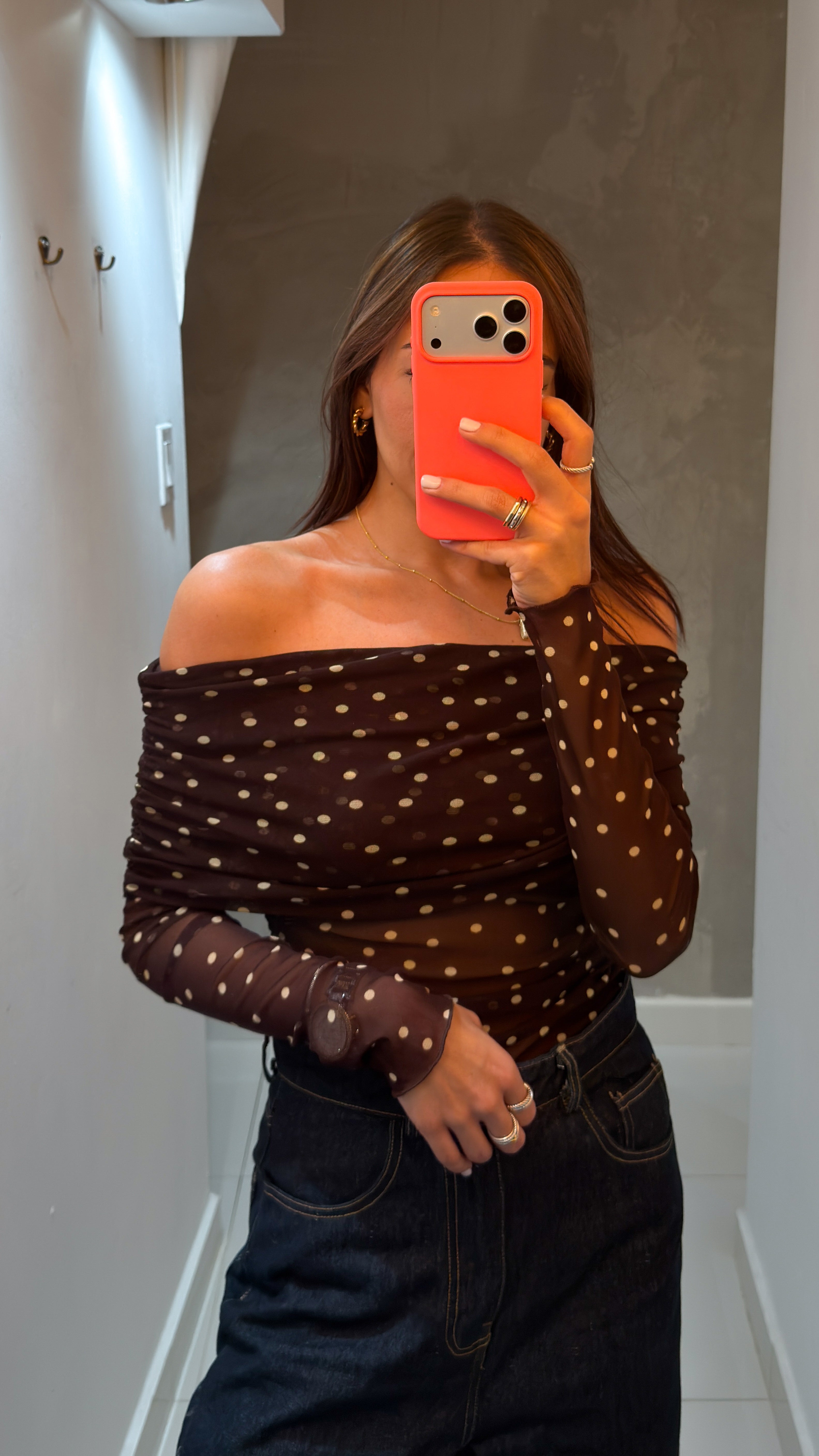 DANILLA POLKA DOT MESH LONG SLEEVE BLOUSE IN BROWN