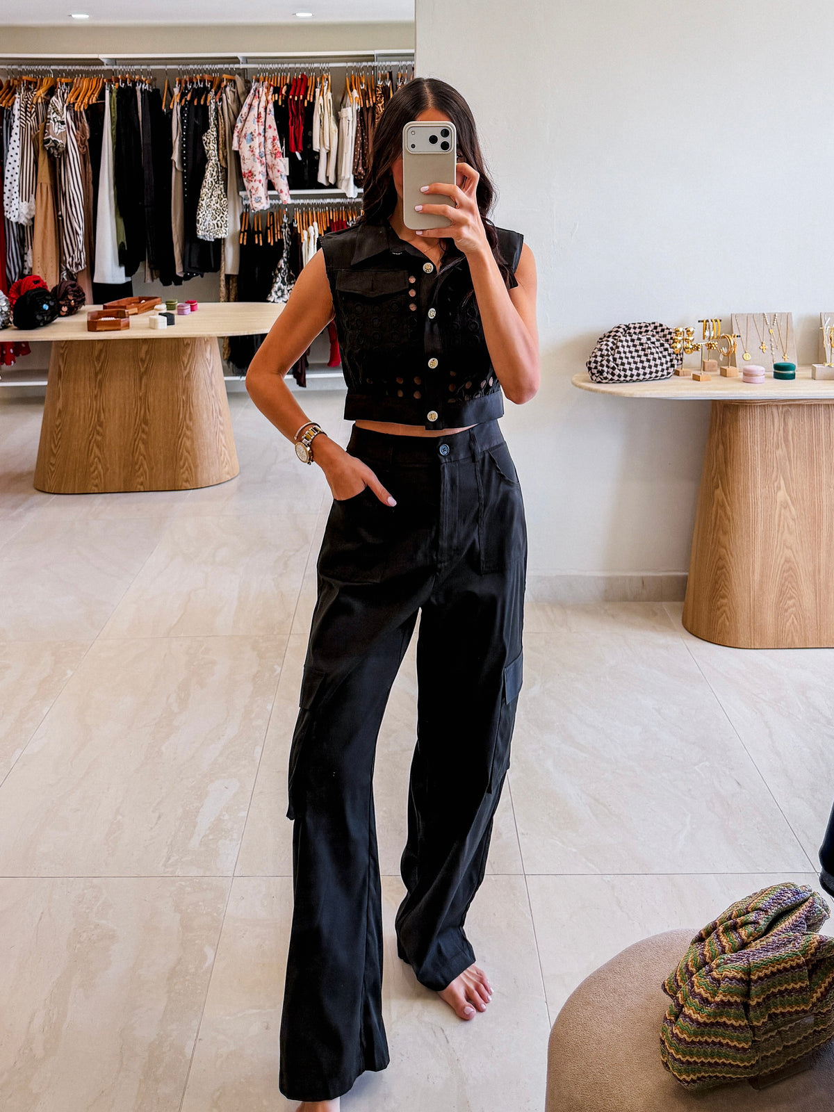 SARI BLACK EYELET TOP PANTS SET