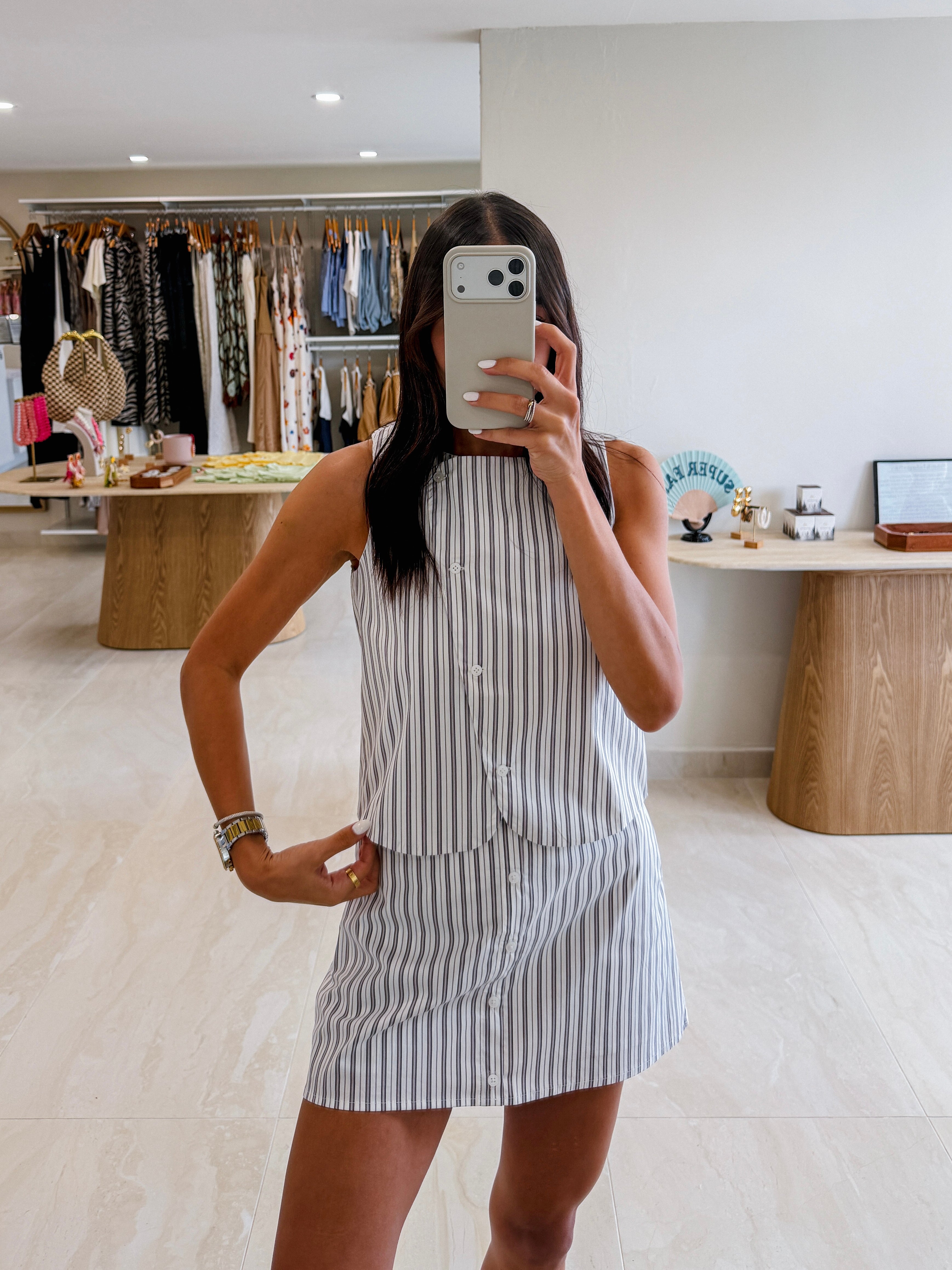 IRINA WHITE/ GREY PINSTRIPE SKORT SET
