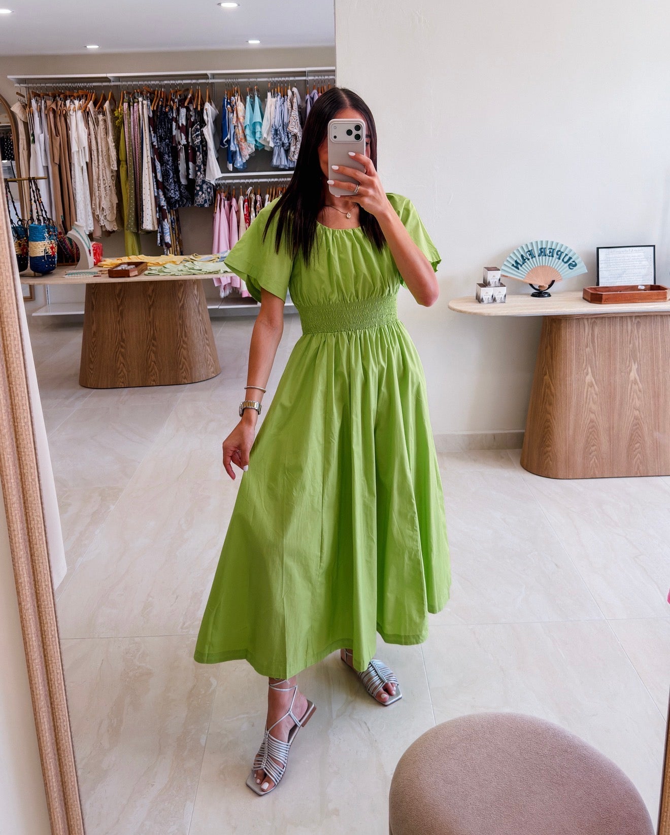 LIME SMOCK WAIST SHORT SLEEVE MAXI DRESS