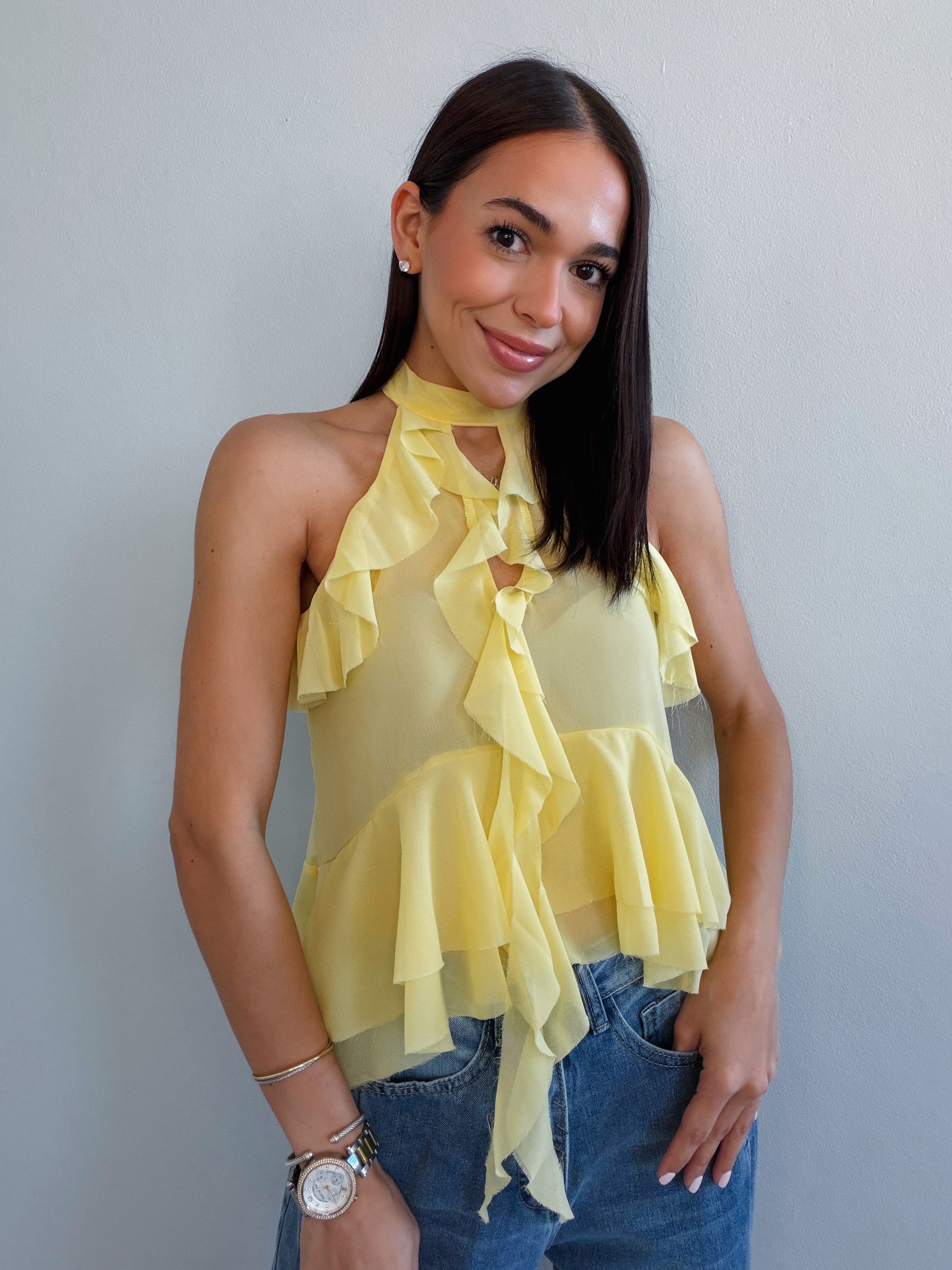 PAHOLA YELLOW FRONT RUFFLE BLOUSE