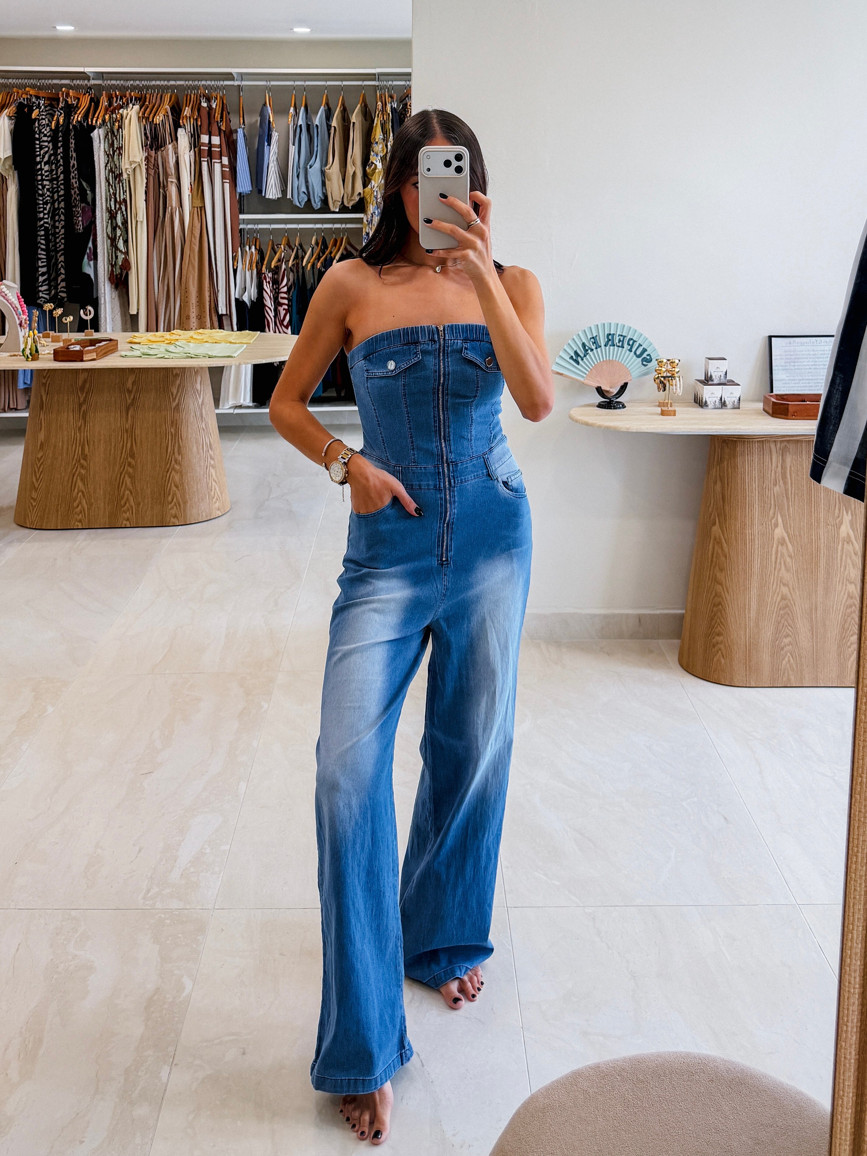 SUSANA ZIP UP STRAPLESS DENIM JUMPSUIT