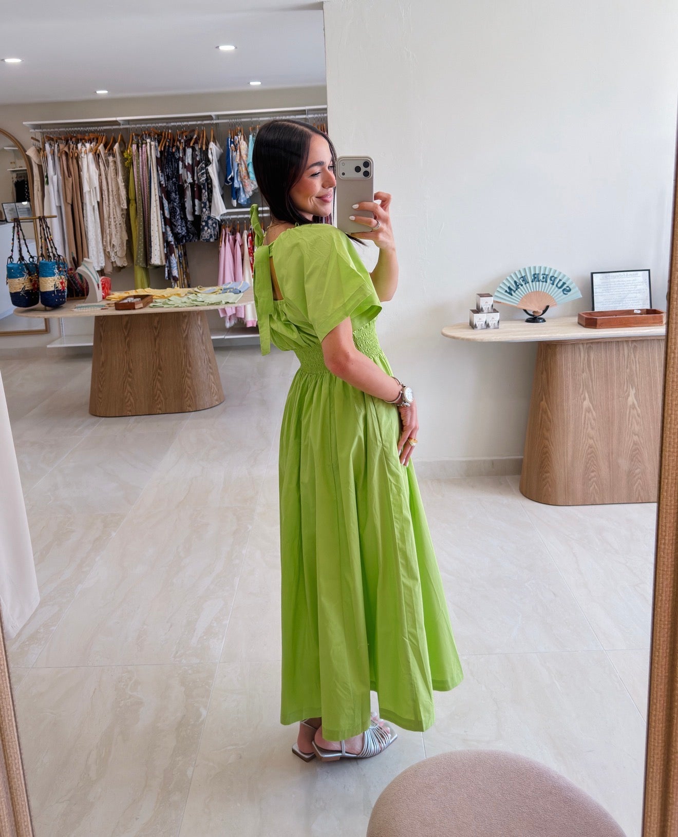 LIME SMOCK WAIST SHORT SLEEVE MAXI DRESS