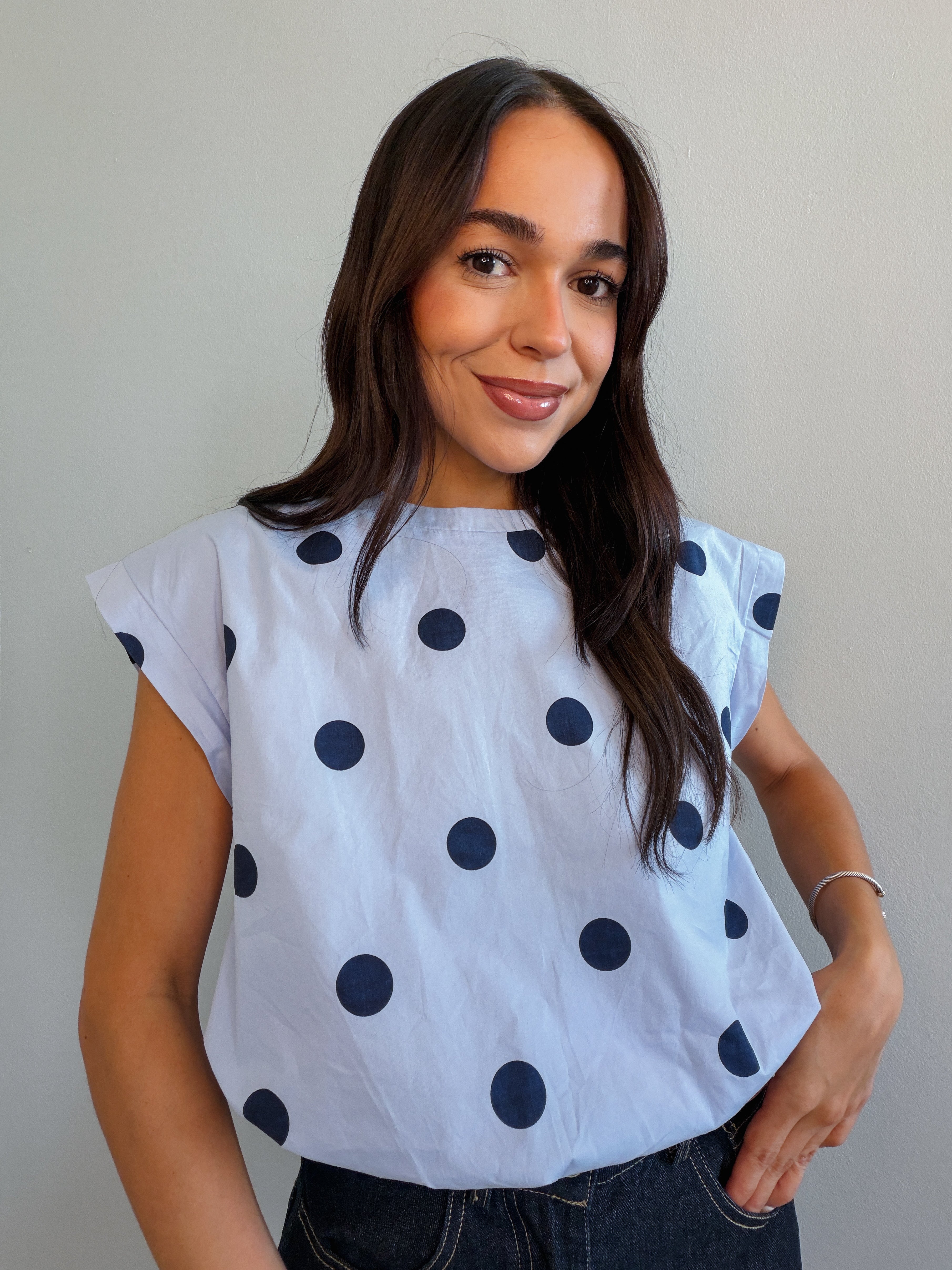 GIANNA POLKA DOT BUBBLE BLOUSE IN BLUE