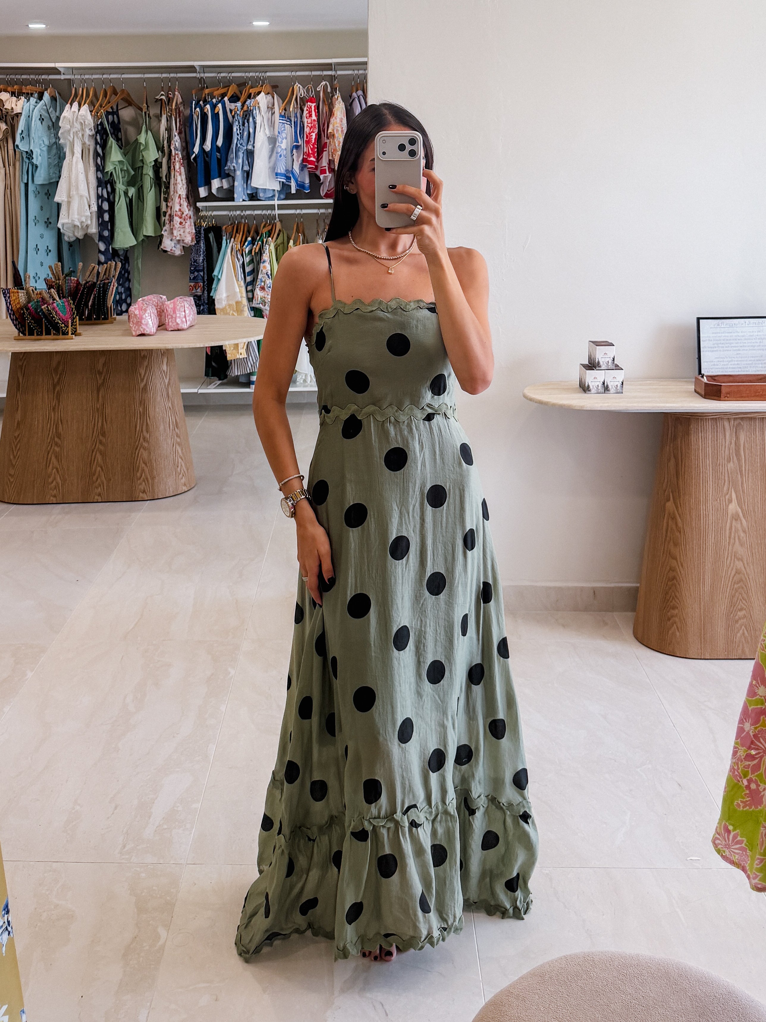 CECILE POLKA DOT OLIVE MAXI DRESS
