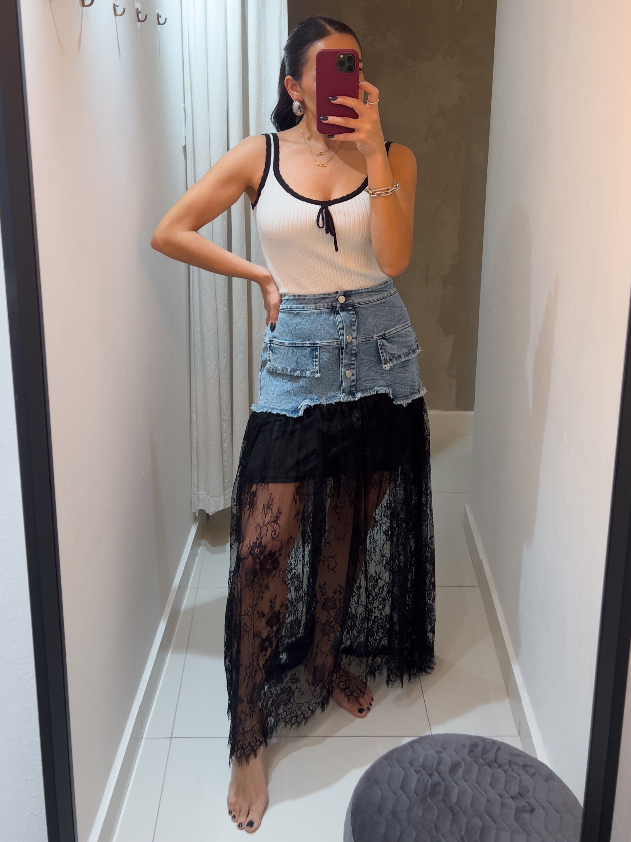 SARAH LACE DENIM MAXI SKIRT IN BLACK