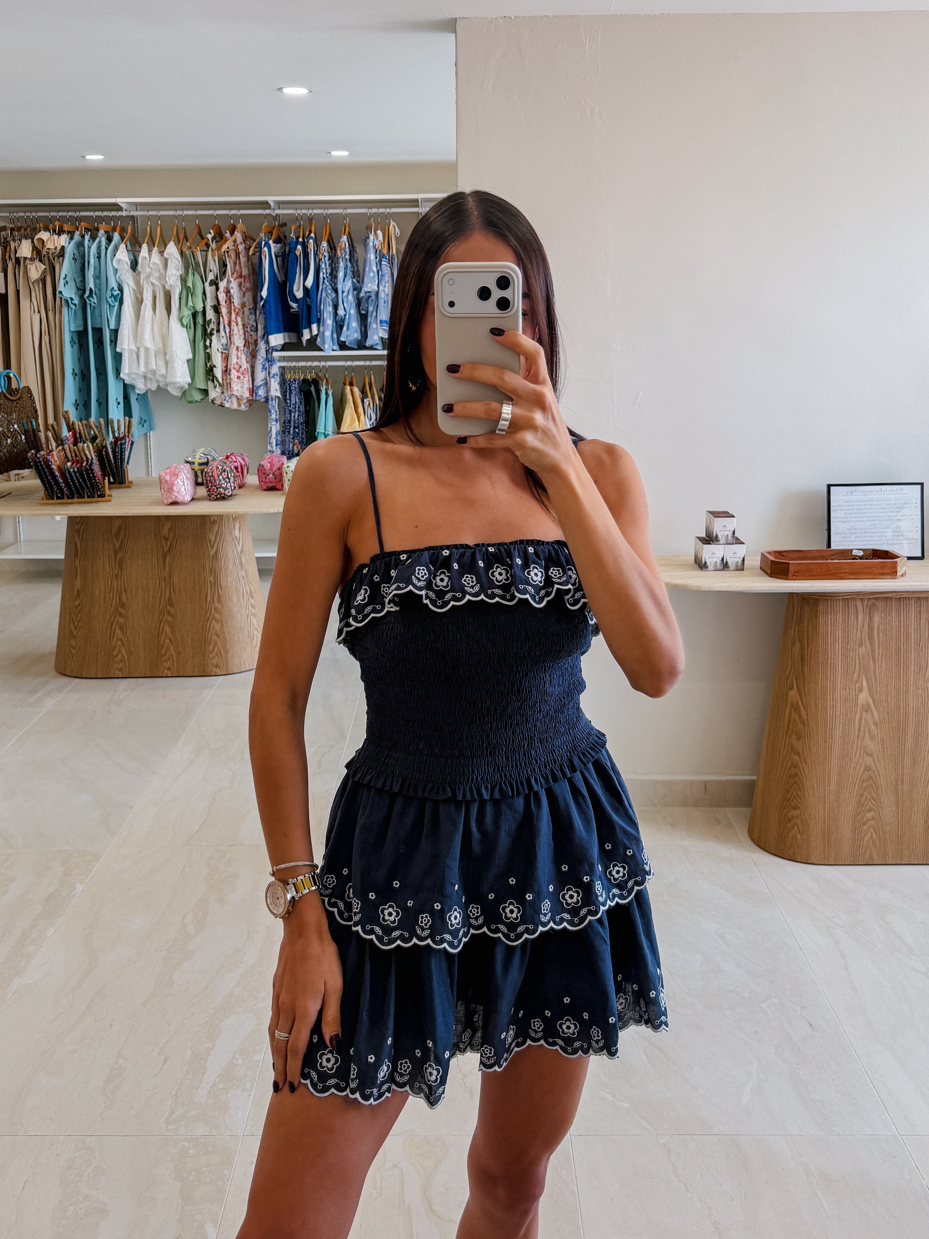 STEPHY EMBROIDERY TIERED SKORT SET IN NAVY/WHITE