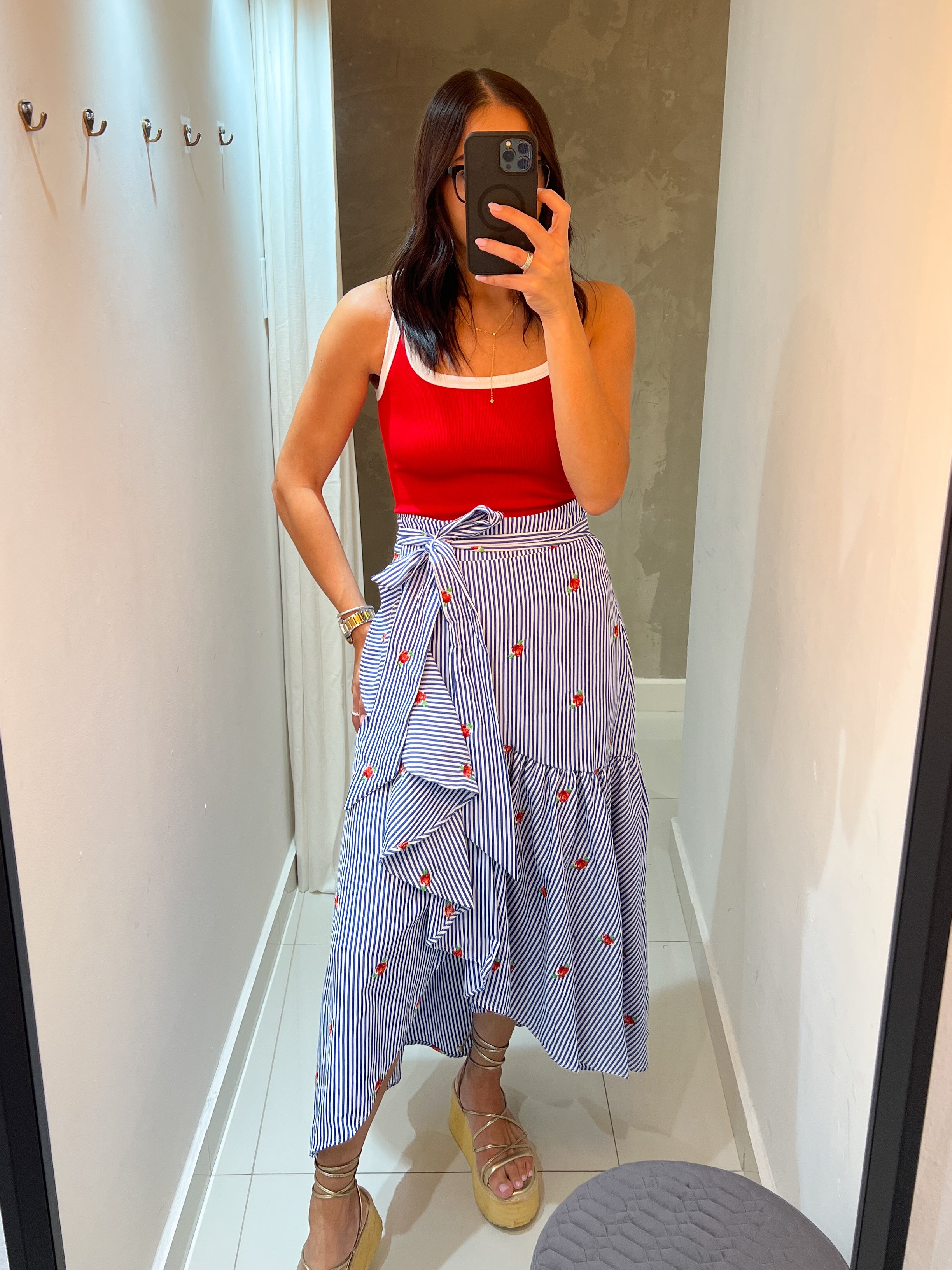 CORI STRIPED FLOWER PRINT WRAP AROUND SKIRT