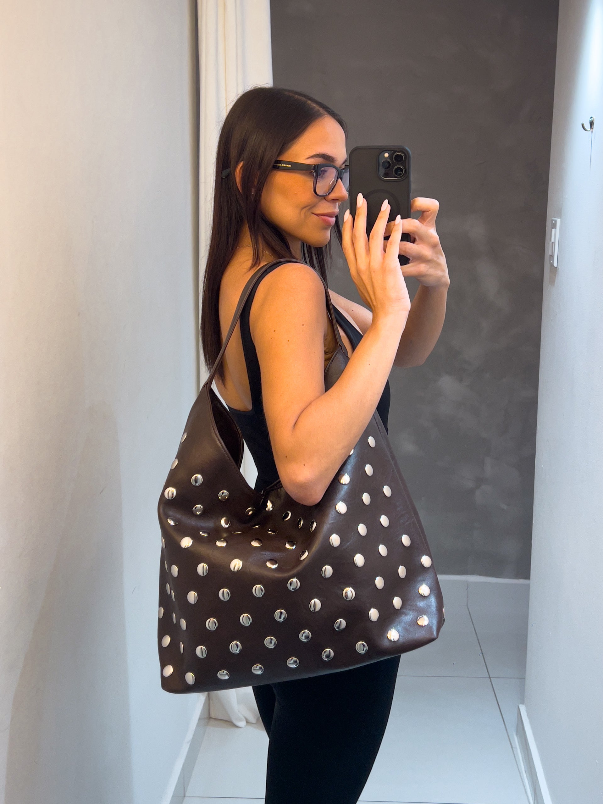 CHARLOTTE DARK BROWN STUDDED HOBO BAG