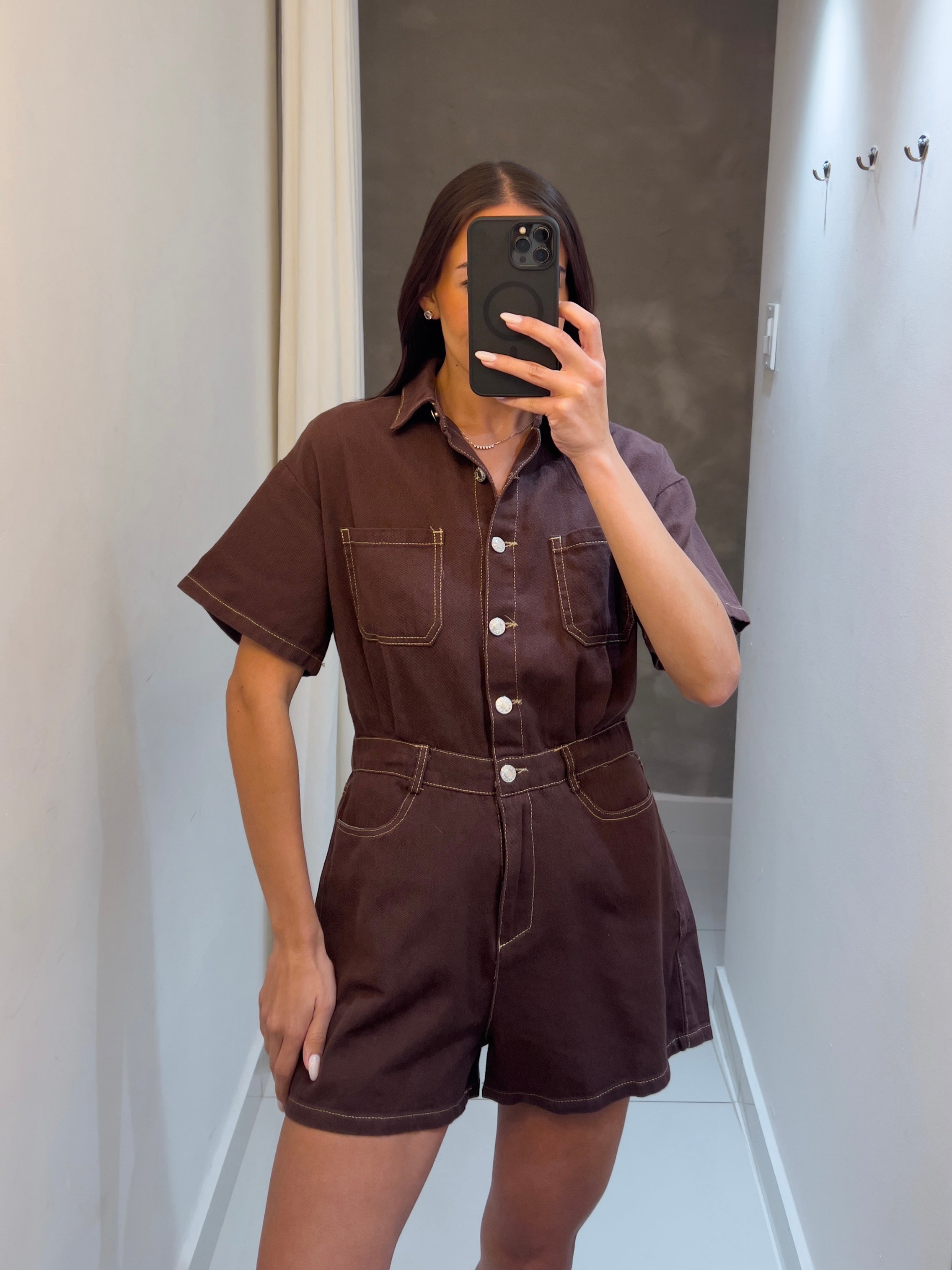 FARAH BROWN DENIM ROMPER
