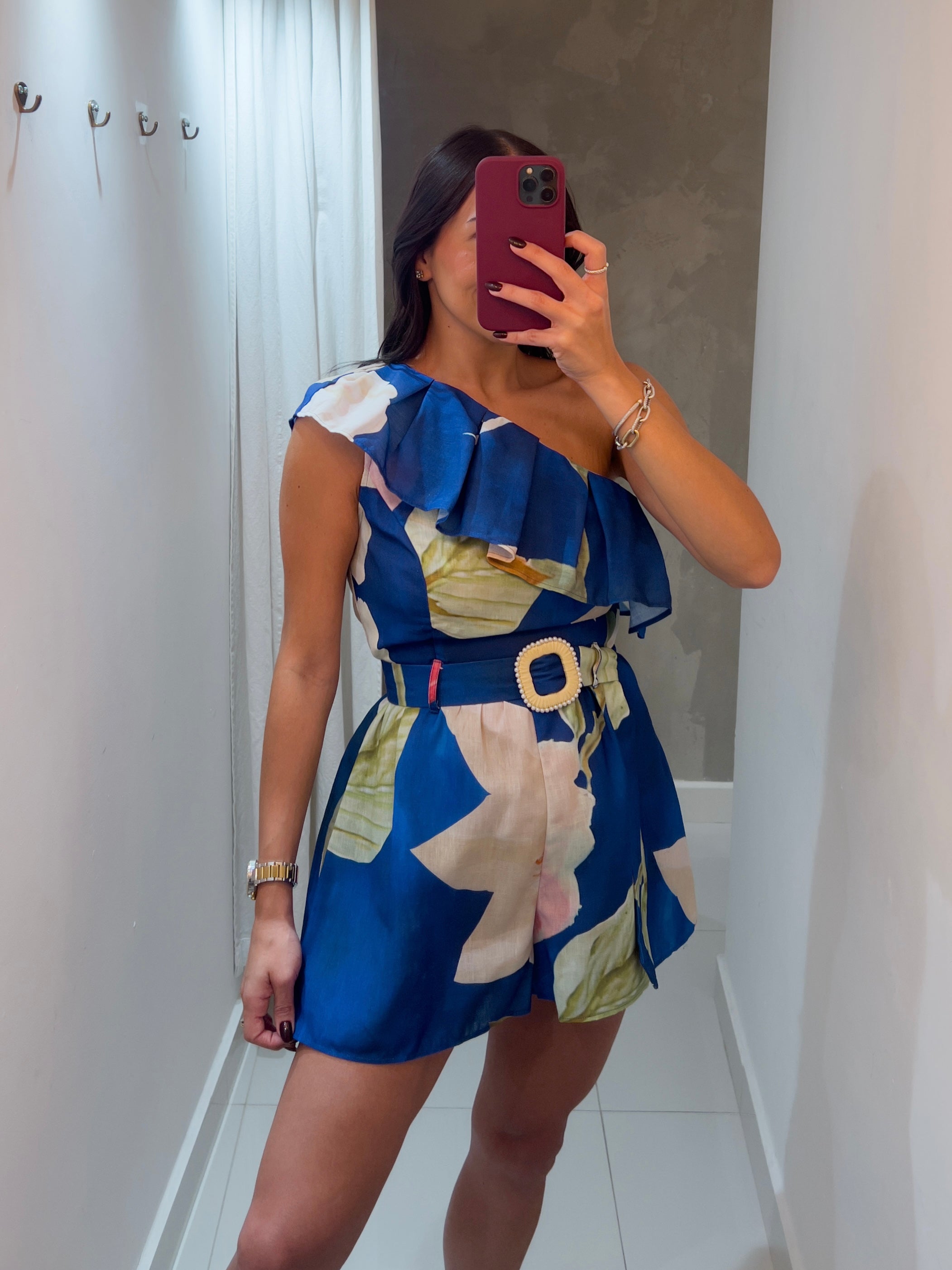 MARIA ANDREA OFF SHOULDER BELTED ROMPER IN BLUE
