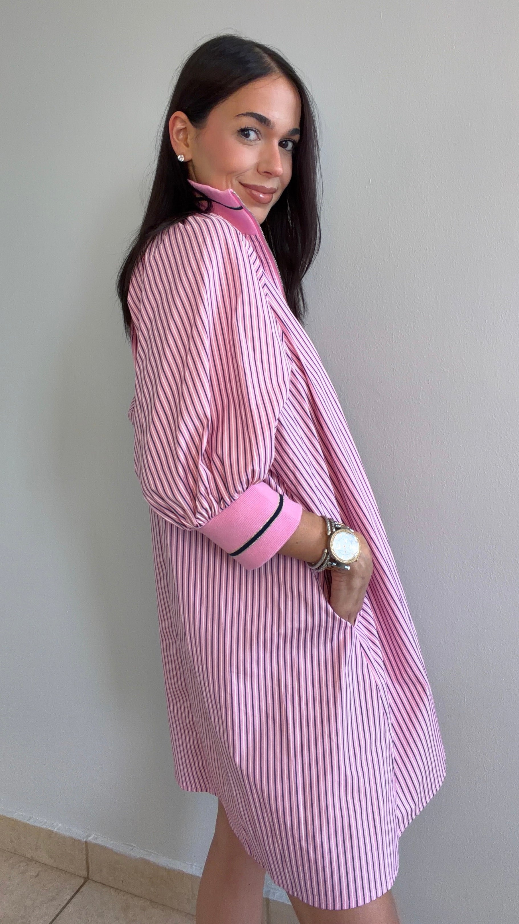VANESSA MOCK NECK PINK STRIPES DRESS