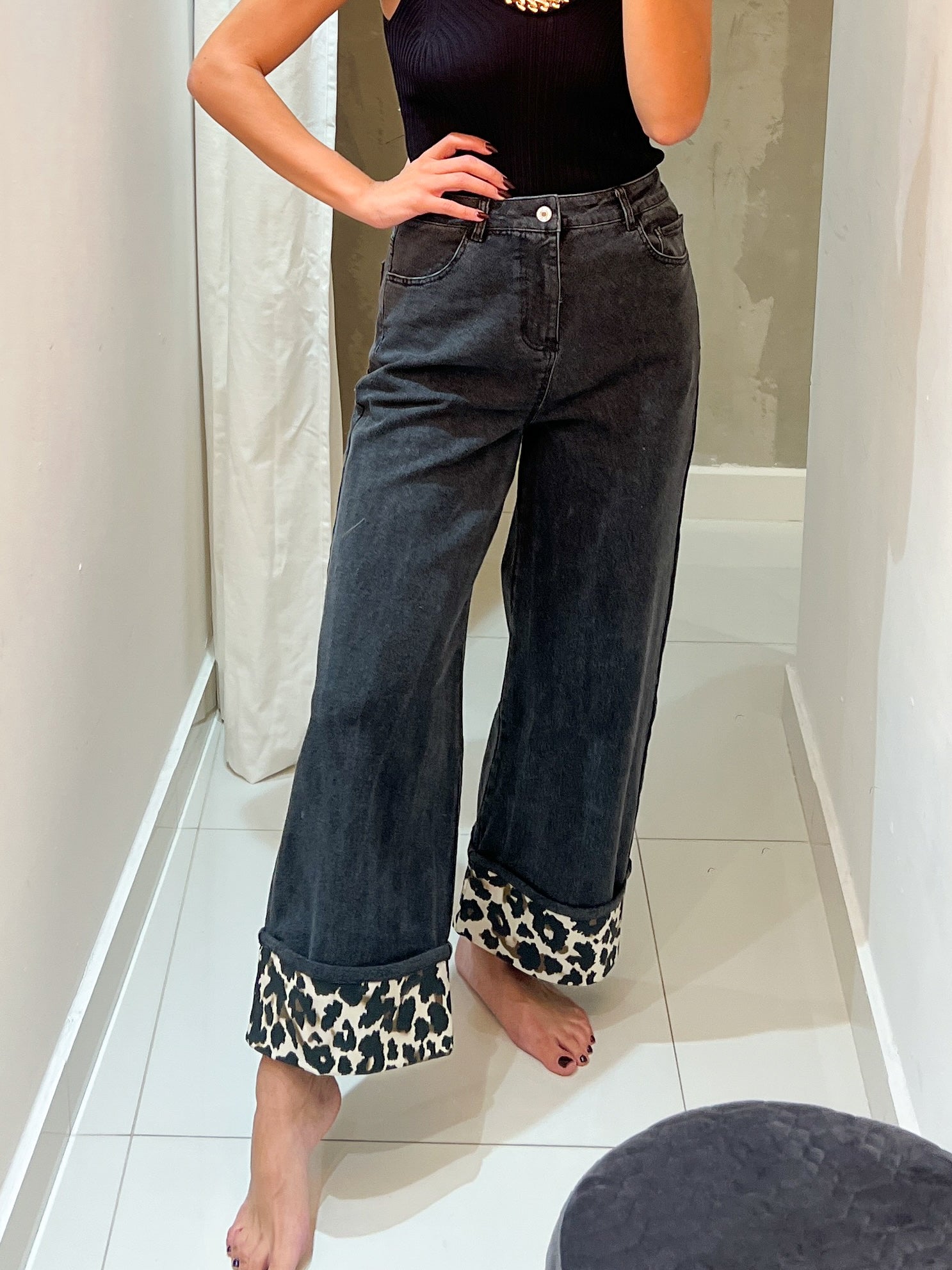 MARIOLA ANIMAL PRINT CUFF BLACK DENIM PANT