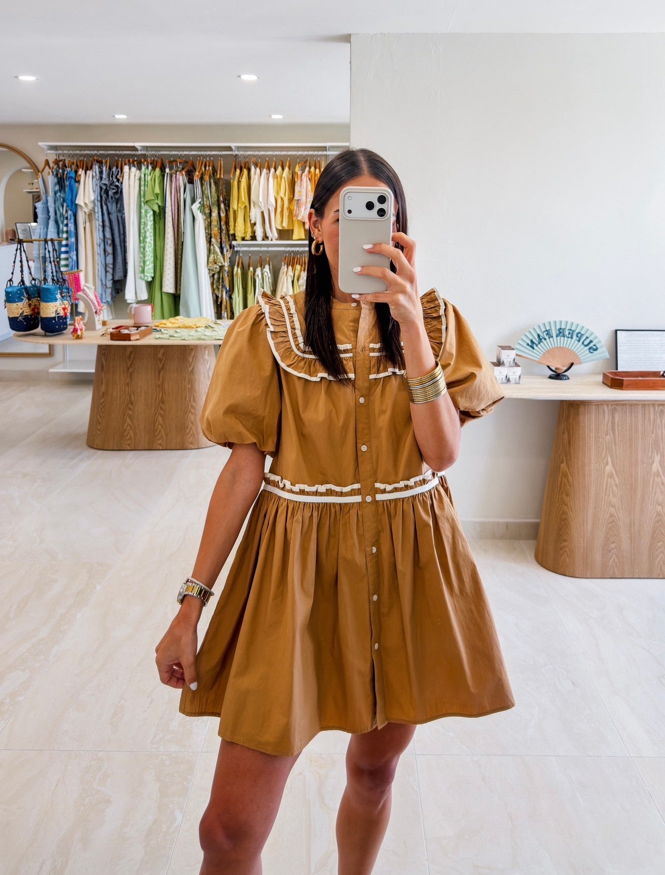 BIBIANA TAUPE RUFFLE MINI DRESS