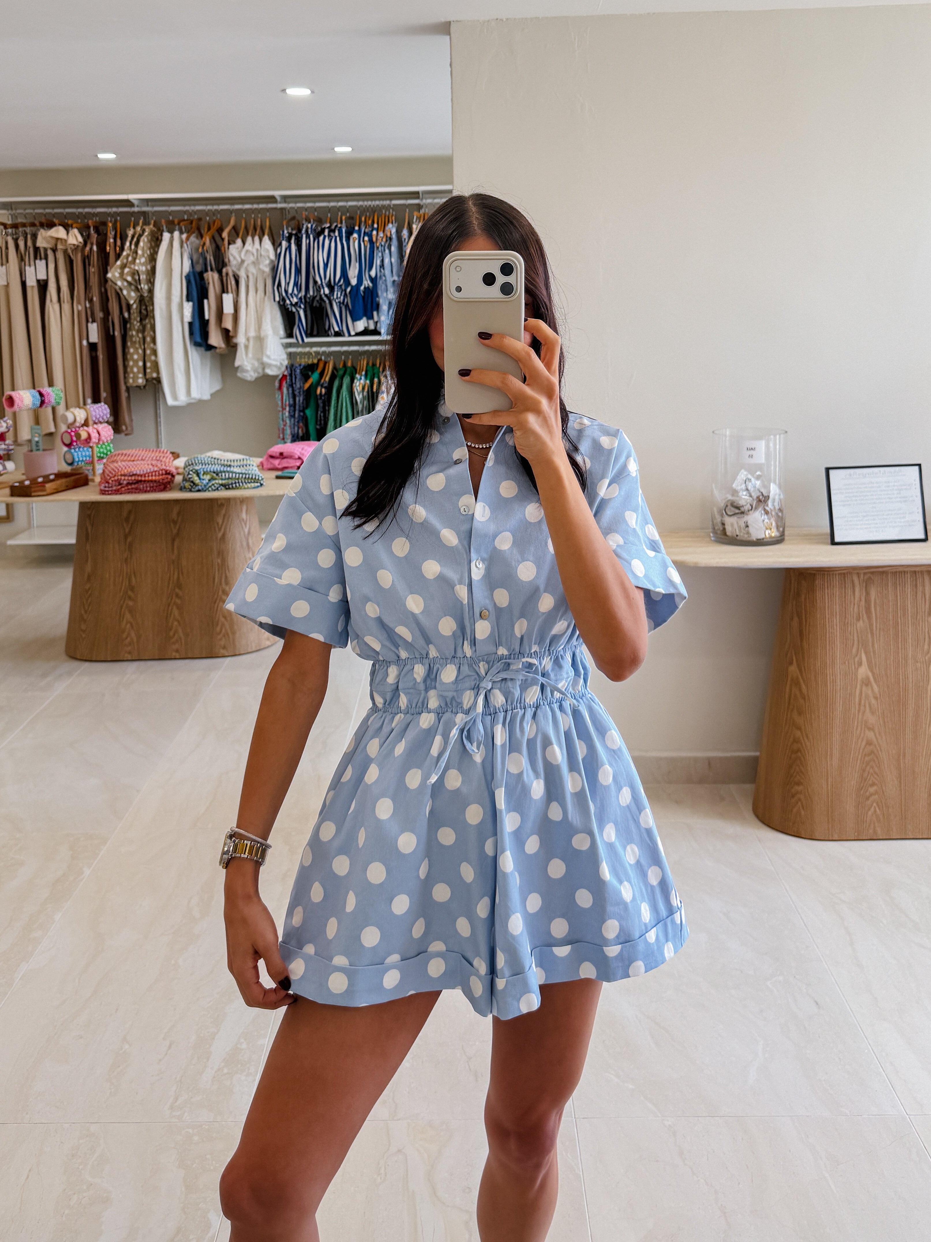 ALONDRA SKY POLKA DOT ROMPER