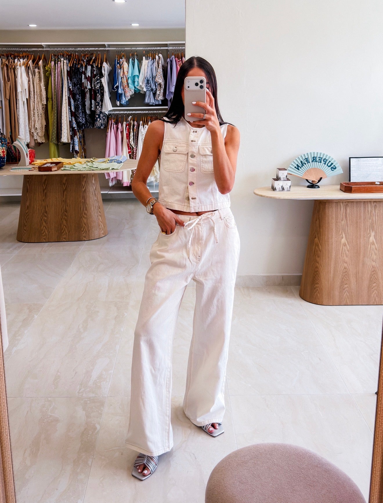 IVORY DENIM VEST PANT SET