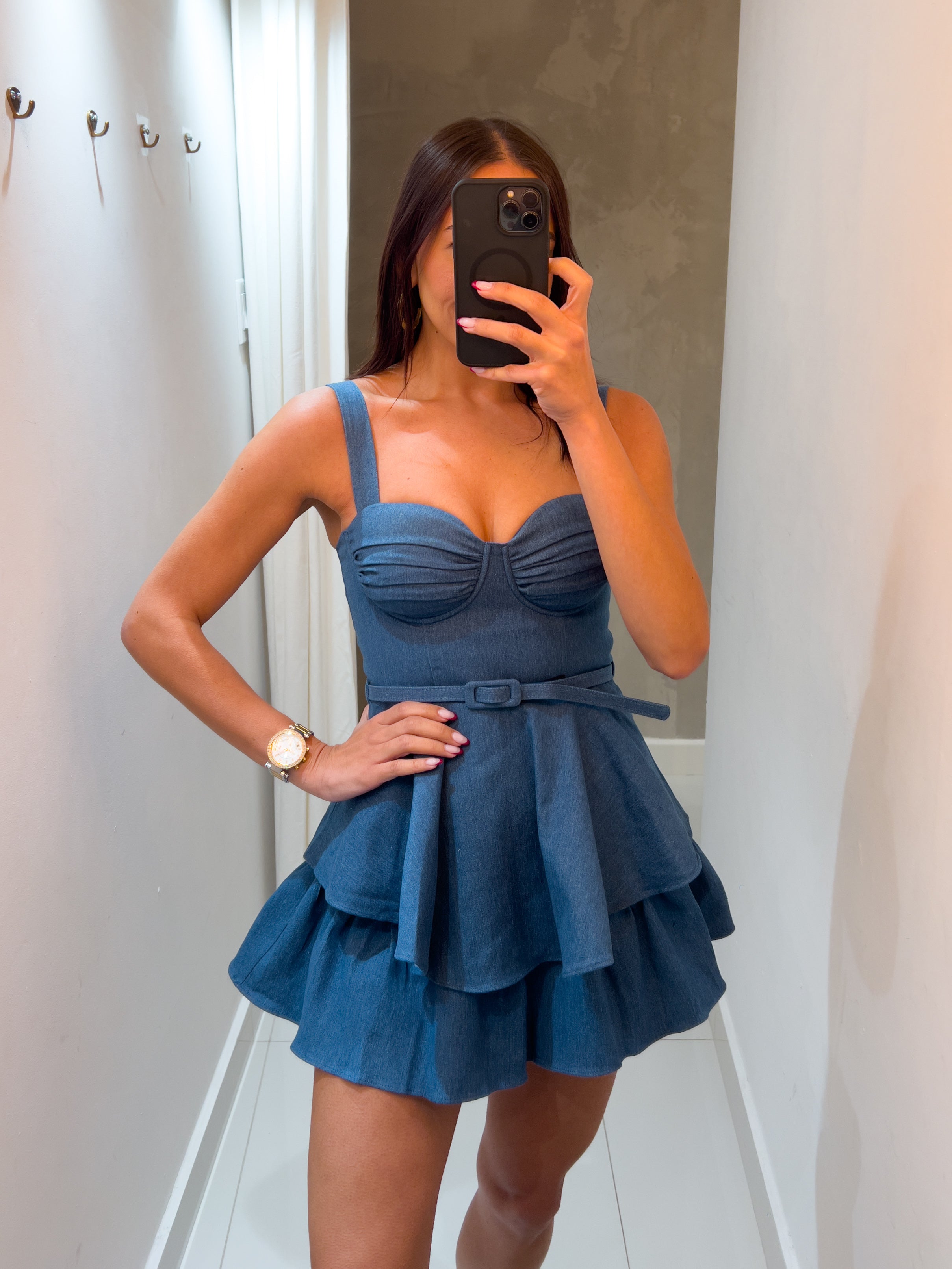 LUCIA DENIM BELTED ROMPER