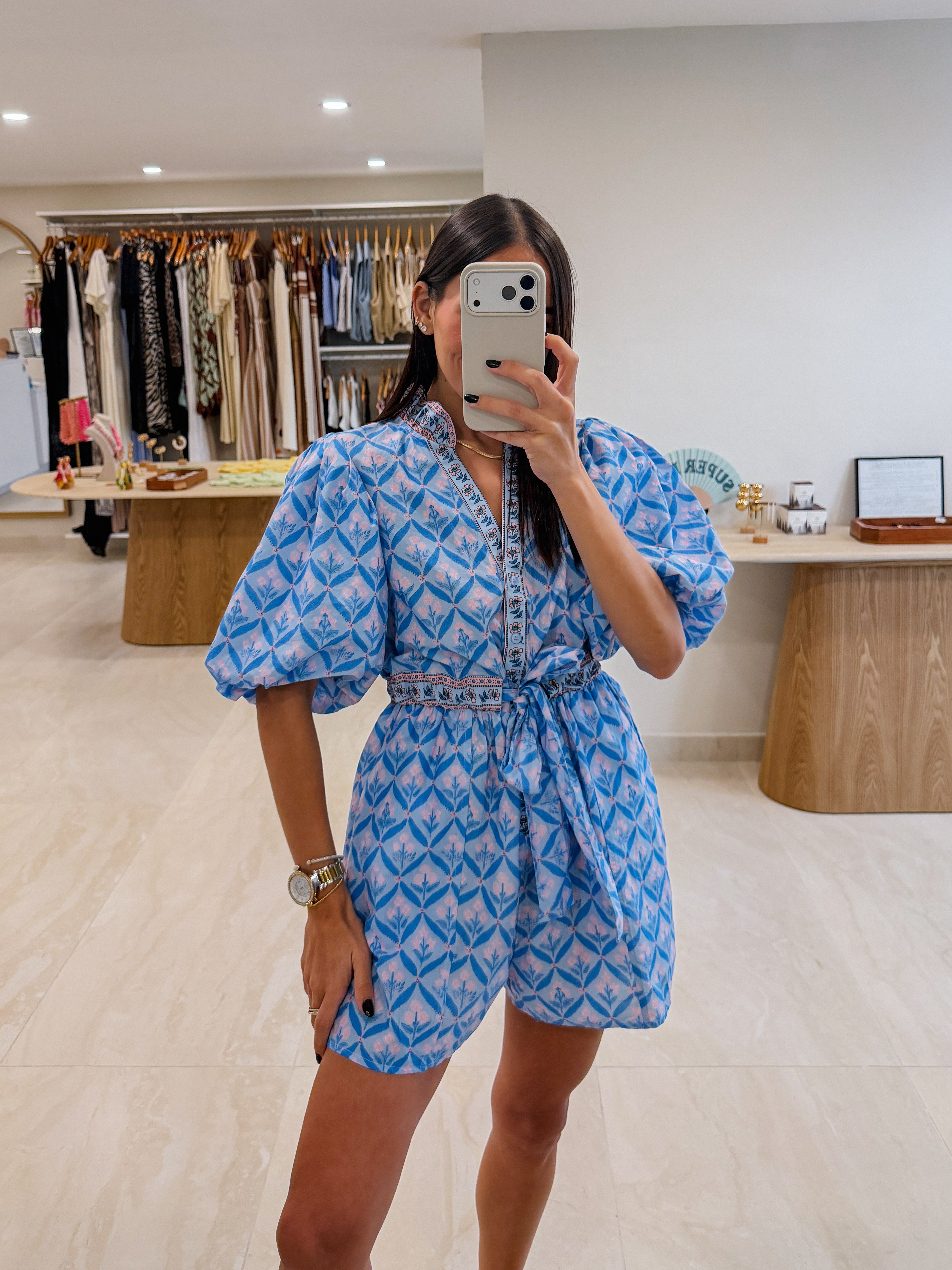 MONICA BLUE RUFFLE NECK PUFF SLEEVE ROMPER