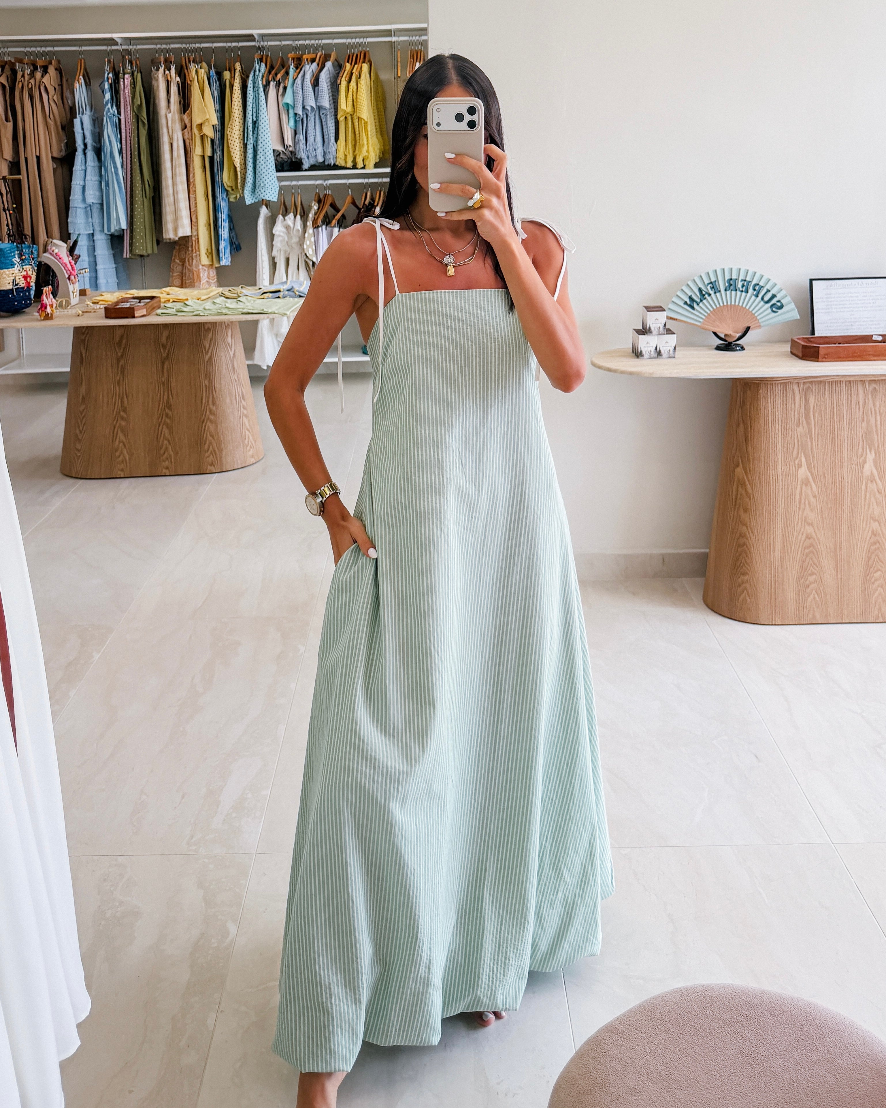 SLEEVELESS STRIPES MINT OPEN BACK MAXI DRESS