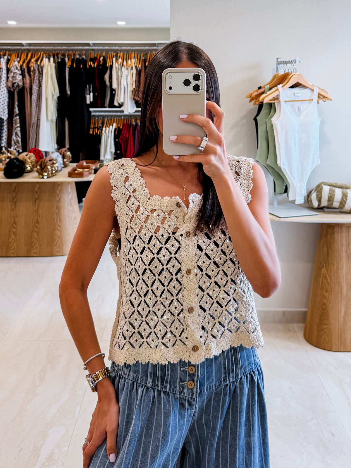 KNITTED SILVER SEQUINS TOP