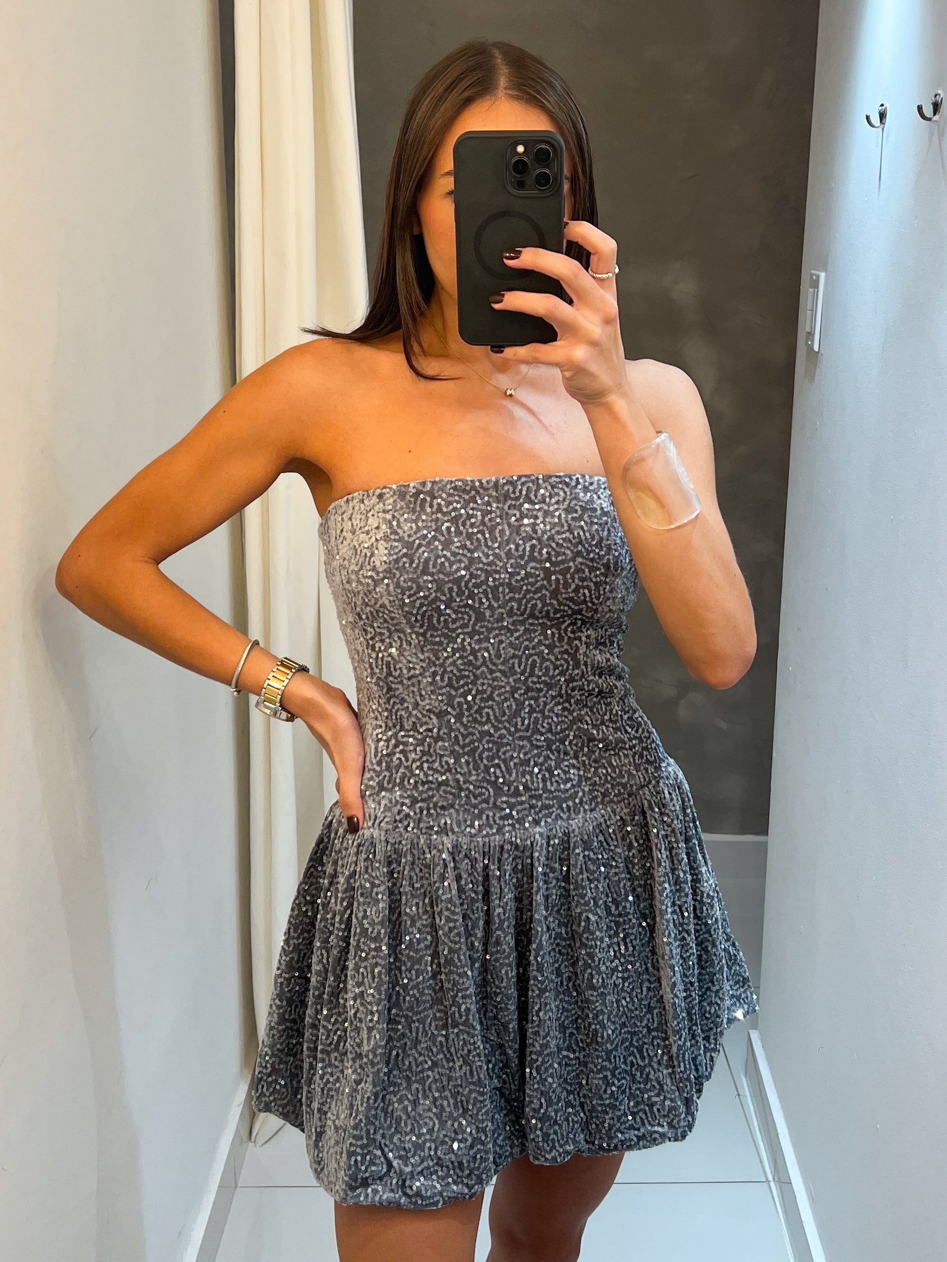 SERENA TIE BACK GREY SEQUIN DRESS