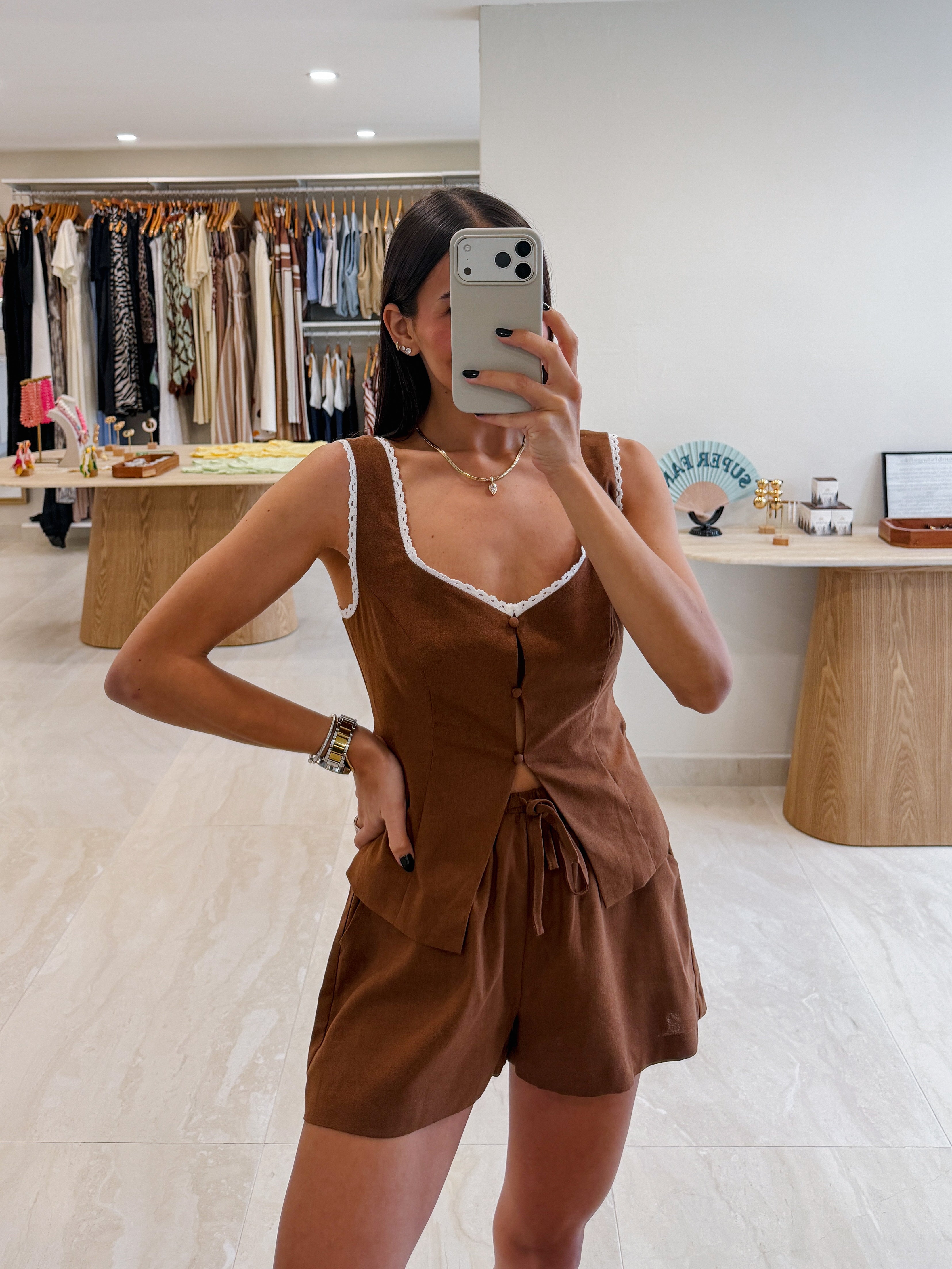 VERA LINEN SHORTS SET IN COFFEE