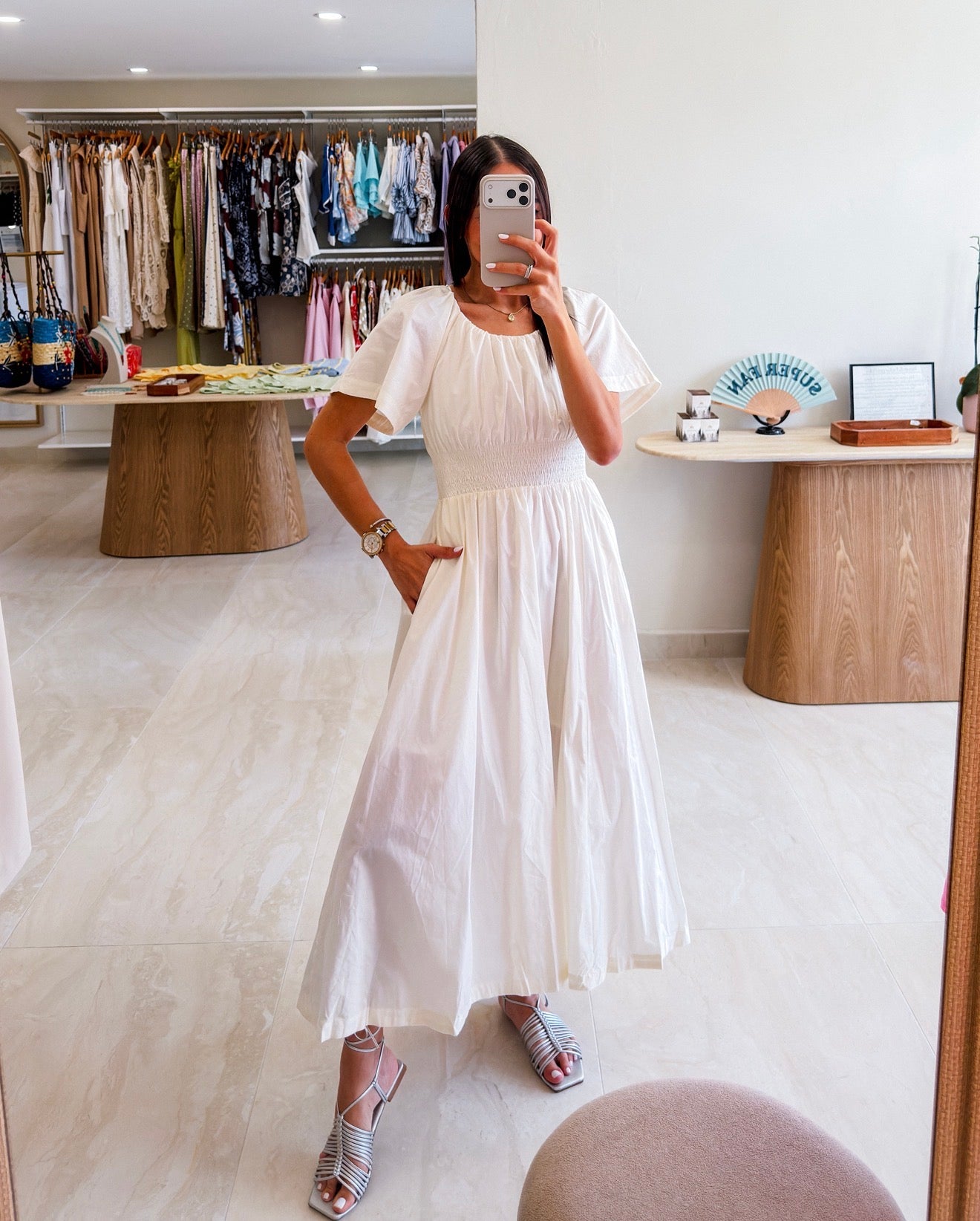 IVORY SMOCK WAIST SHORT SLEEVE MAXI DRESS