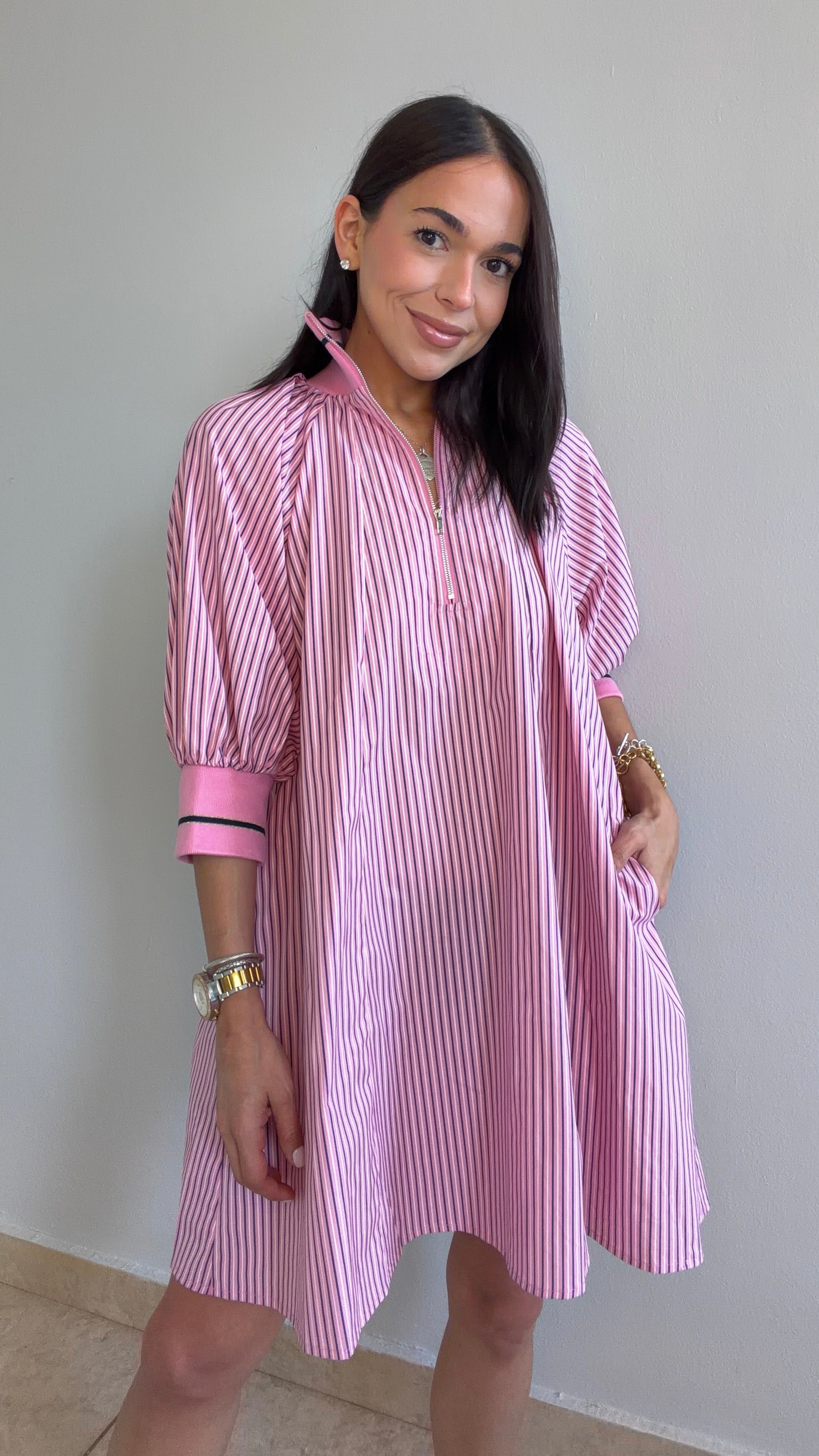VANESSA MOCK NECK PINK STRIPES DRESS