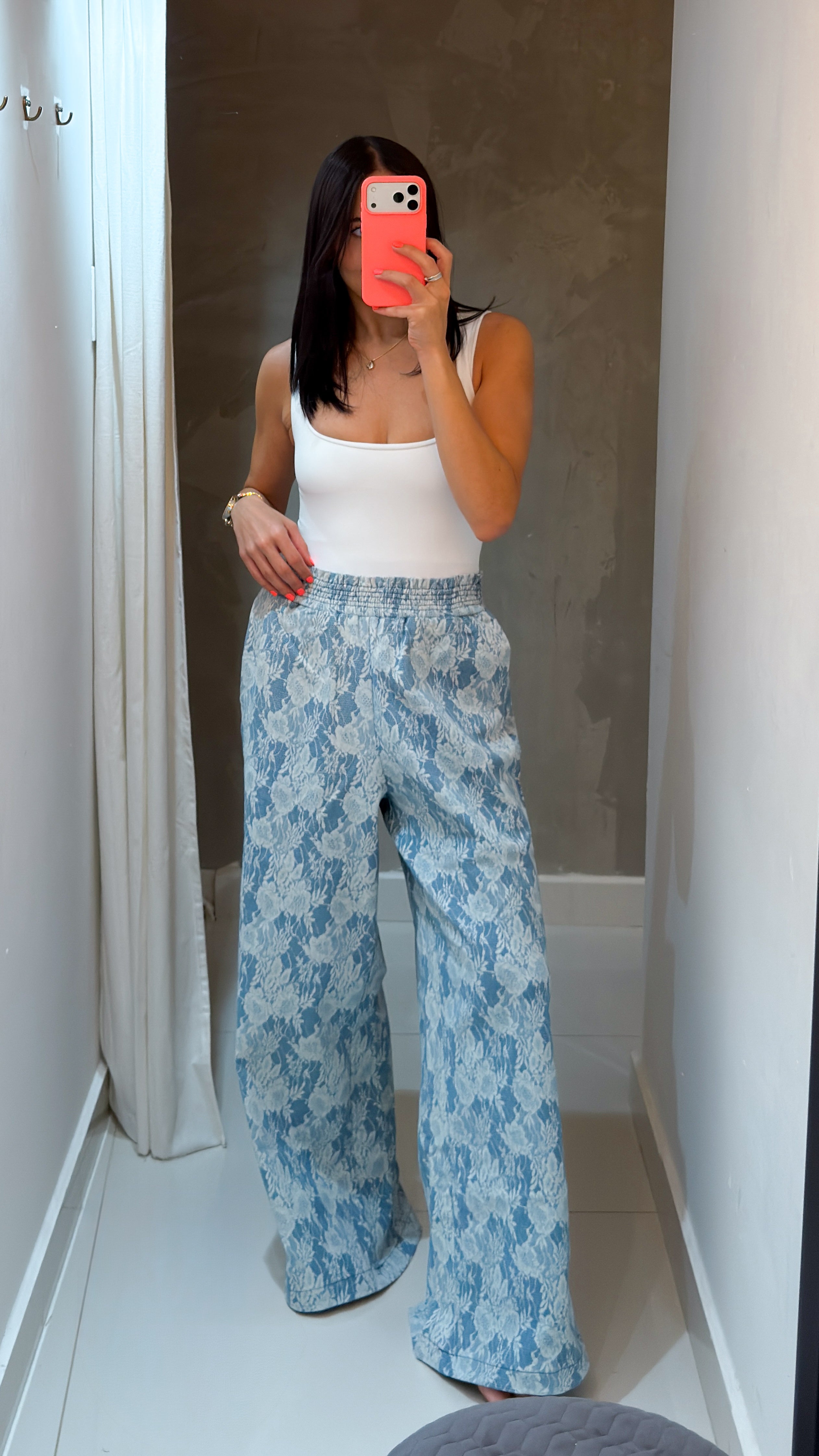 MARIETTA FLOWER PRINT DENIM WIDE LEG PANTS