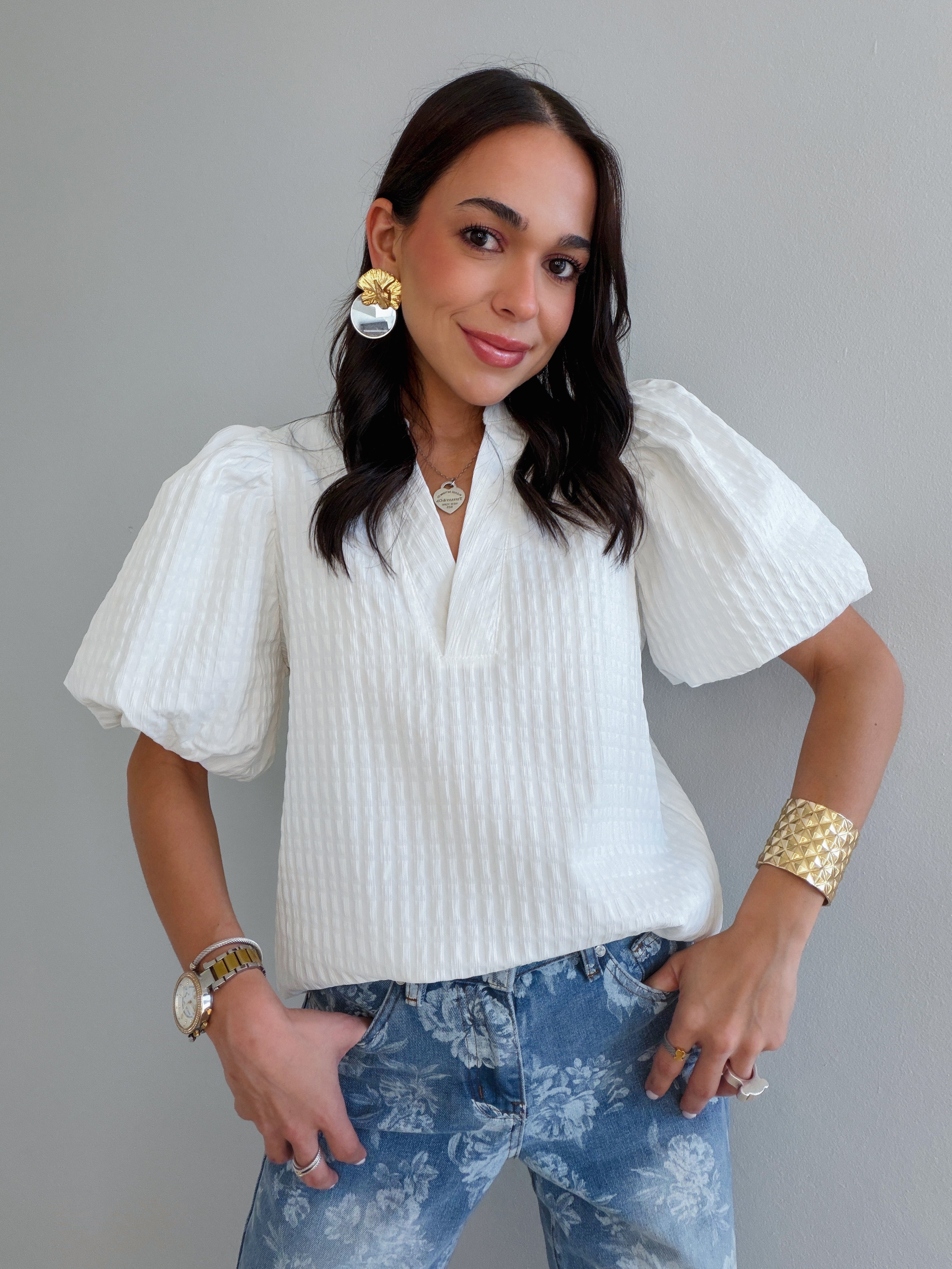 ELISA BUBBLE SLEEVE WHITE BLOUSE
