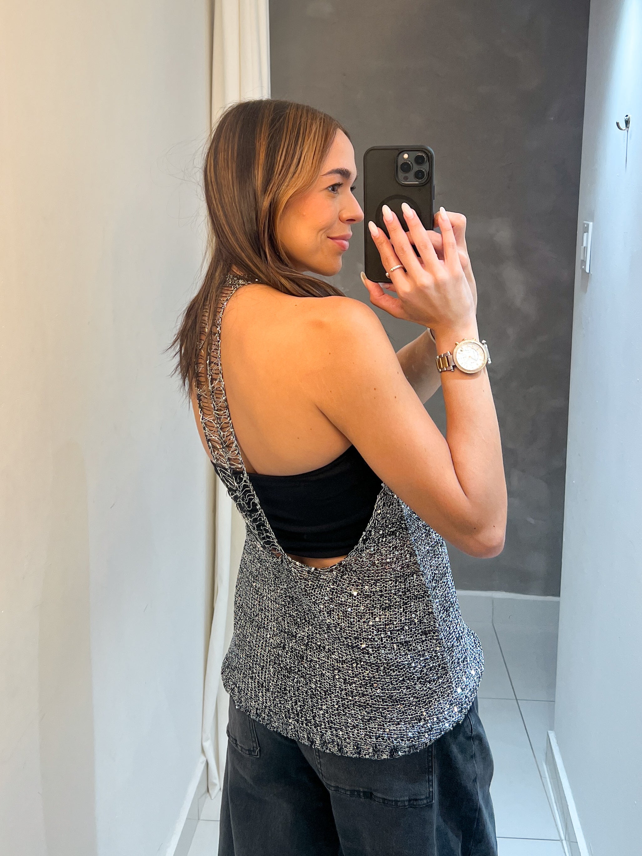 SOFIA KNIT SEQUINS TOP IN GUN METAL