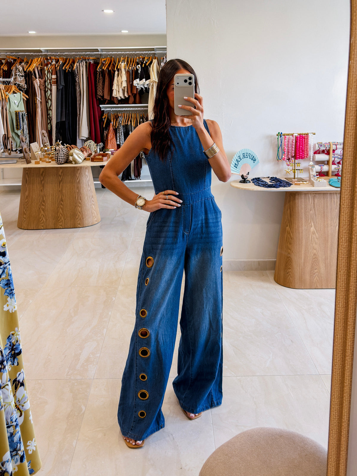 ISADORA GOLDEN RINGS DETAIL DENIM JUMPSUIT