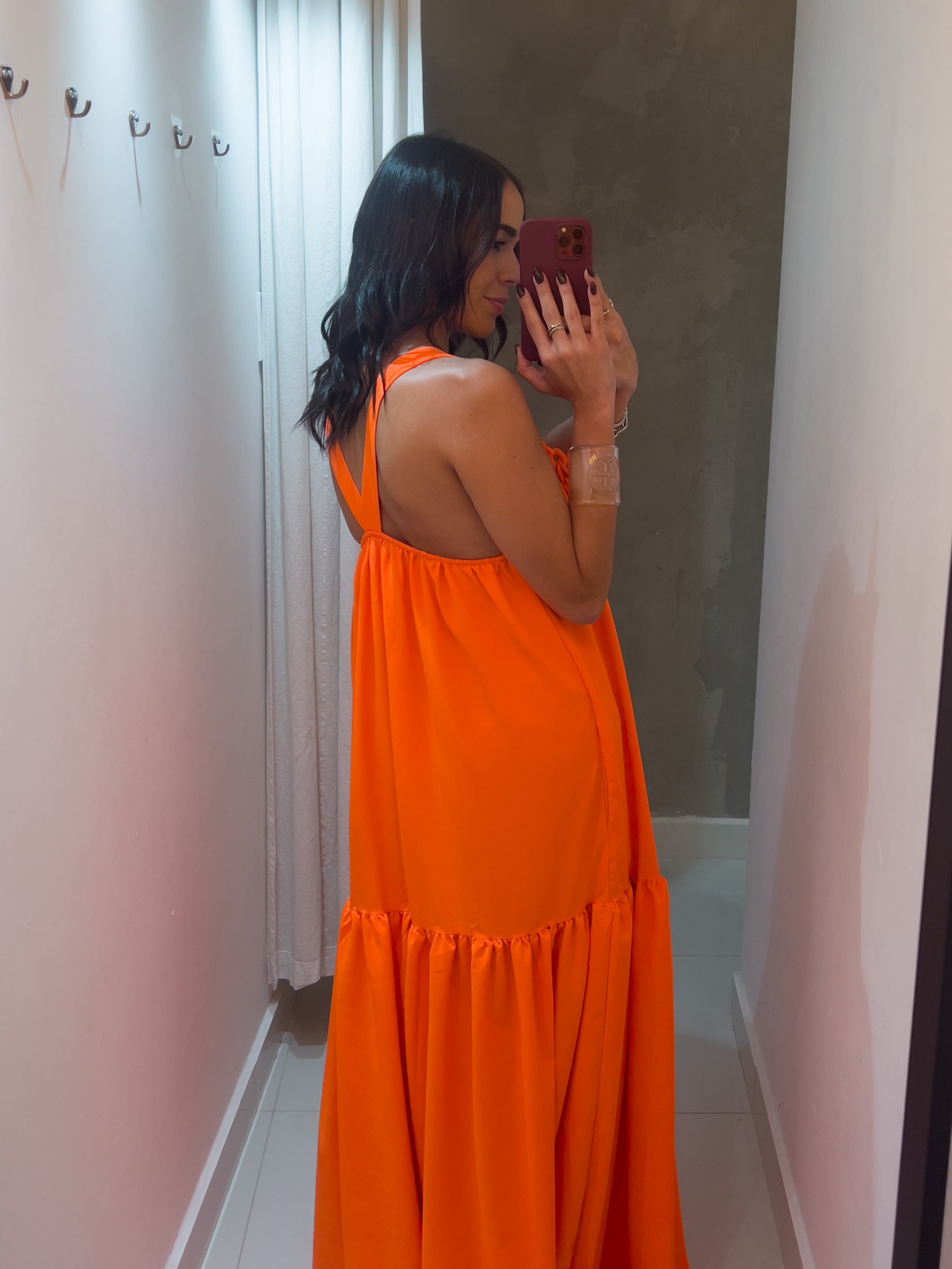 MARIETTA NEON ORANGE CHAIN MAXI DRESS