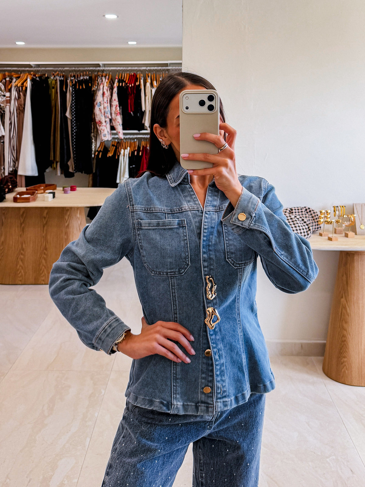 CLARA DENIM TOP WITH STATEMENT PINS