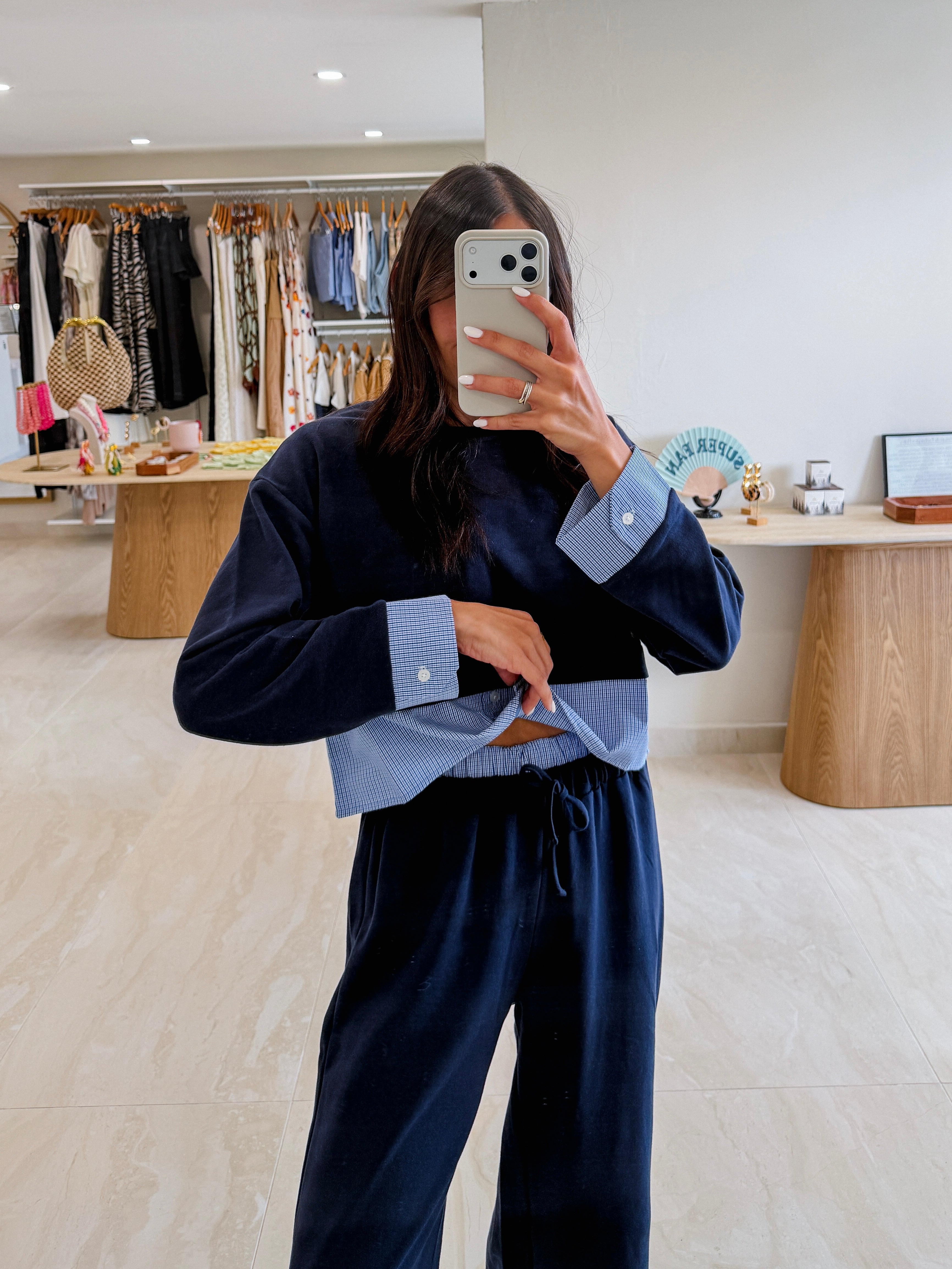 HEATHER NAVY CONTRASTING SWEATSHIRT LOUNGE SET