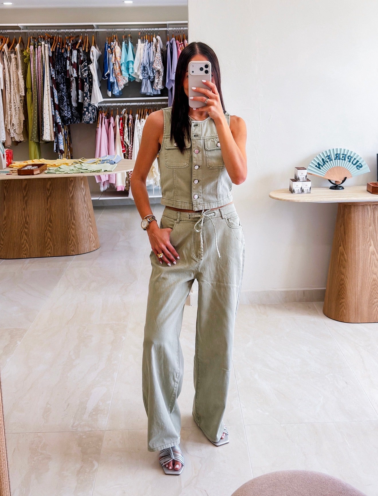 OLIVE DENIM VEST PANT SET