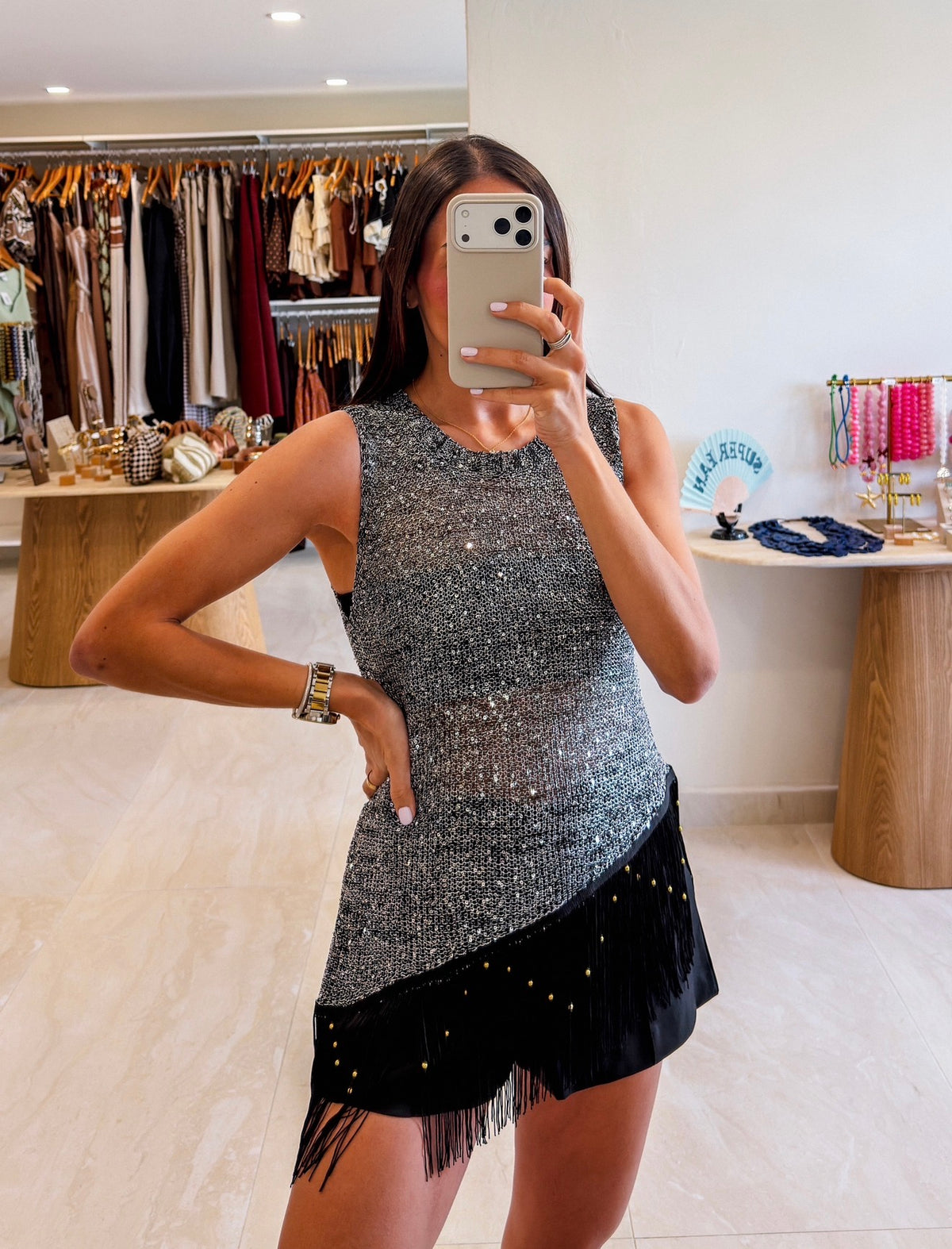 MILENA SILVER BEADED FRINGES SEQUINS KNIT TOP