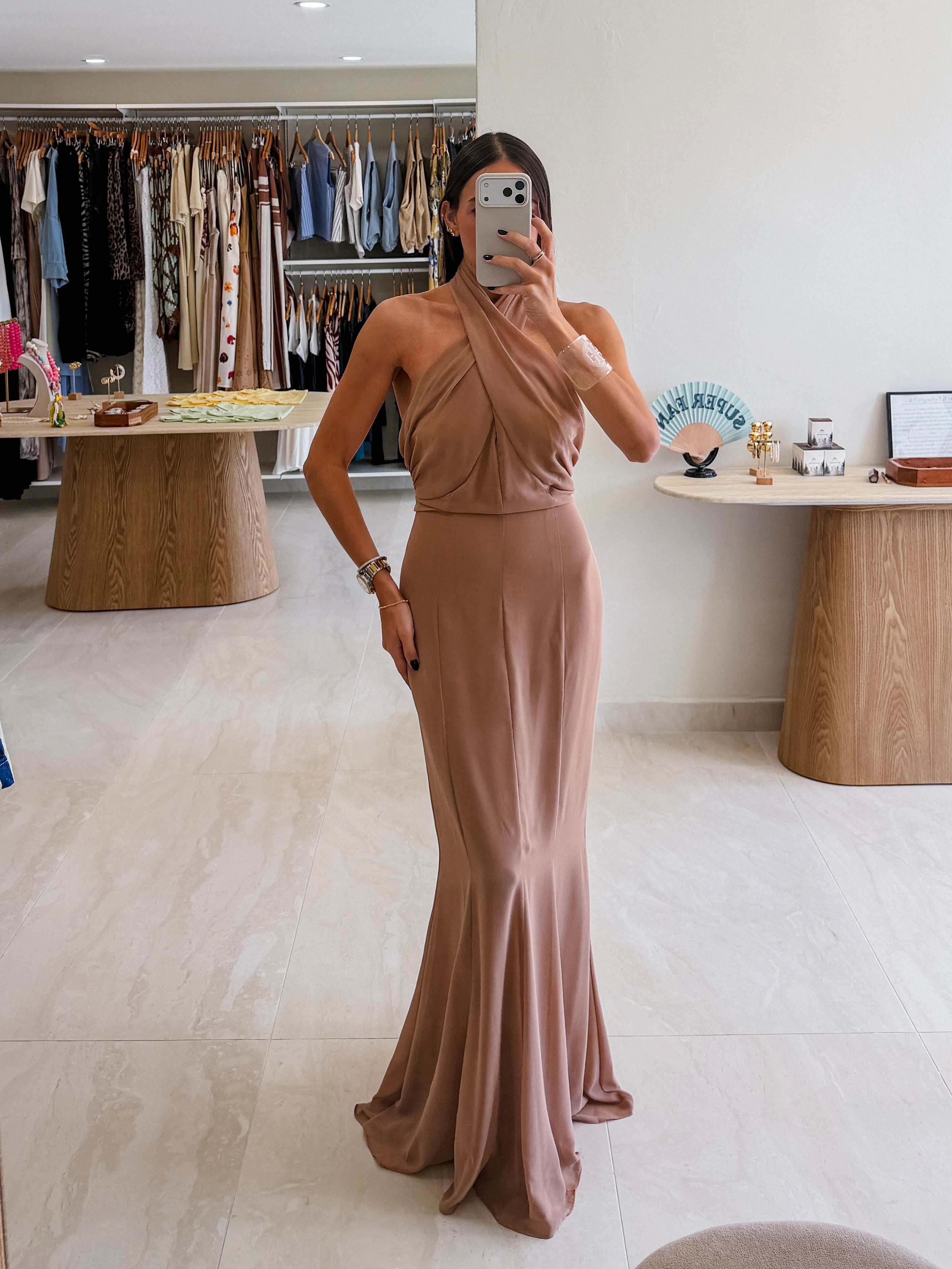 CARLOTA TAUPE CHIFFON HALTER NECK DRESS