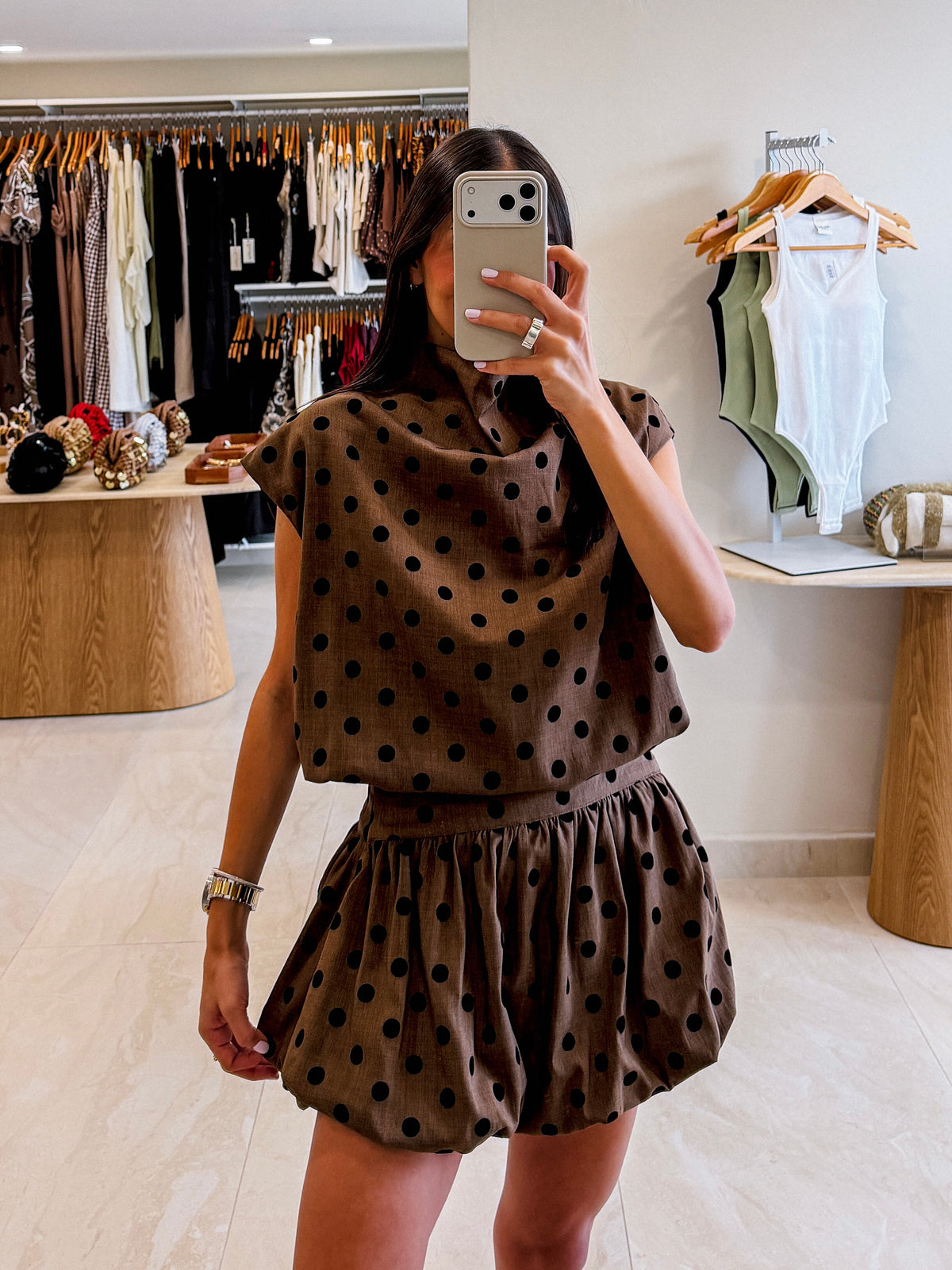 CELINE BROWN POLKA DOT BUBBLE SKORT SET