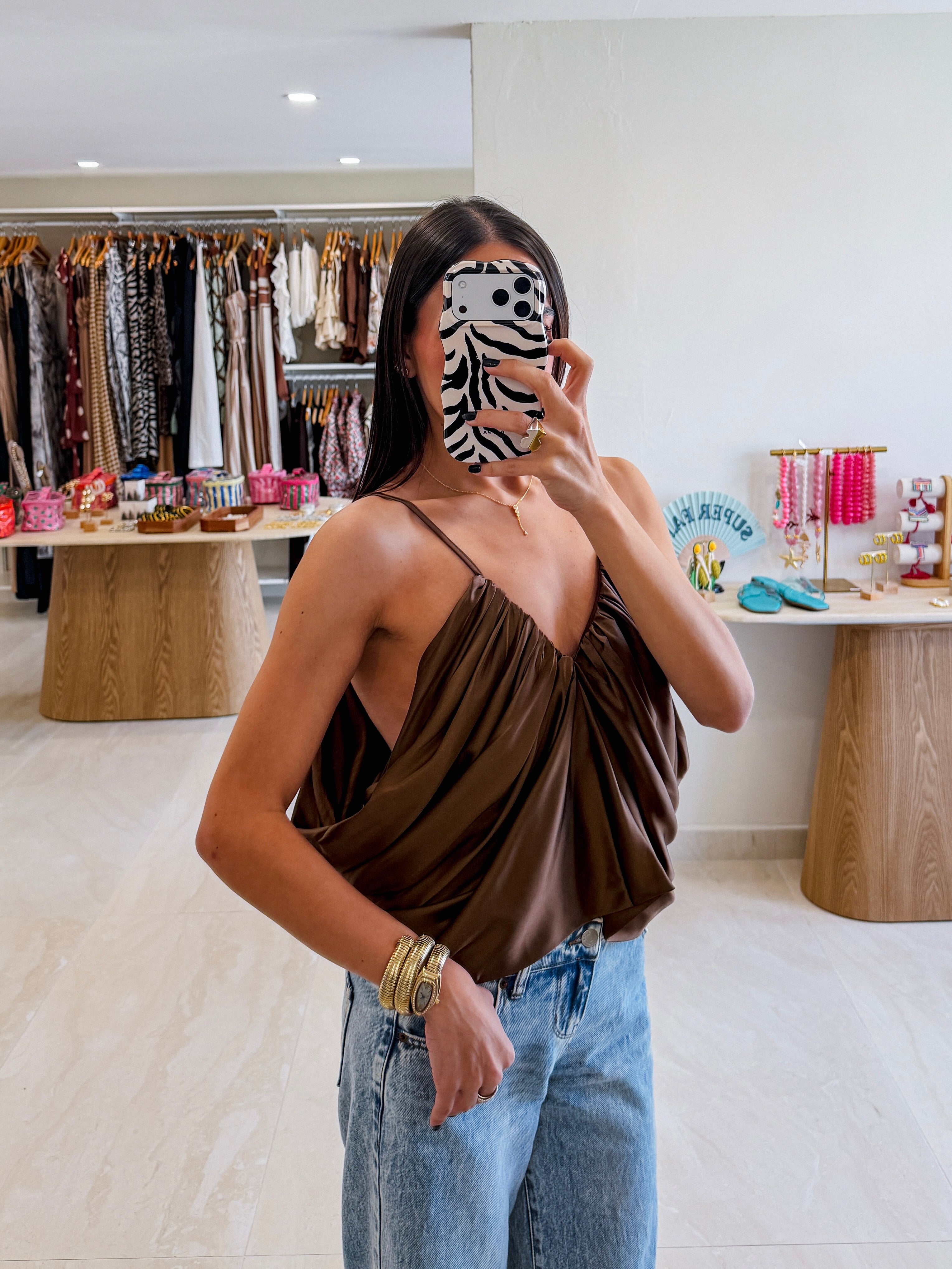 JADE BROWN DRAPED BLOUSE