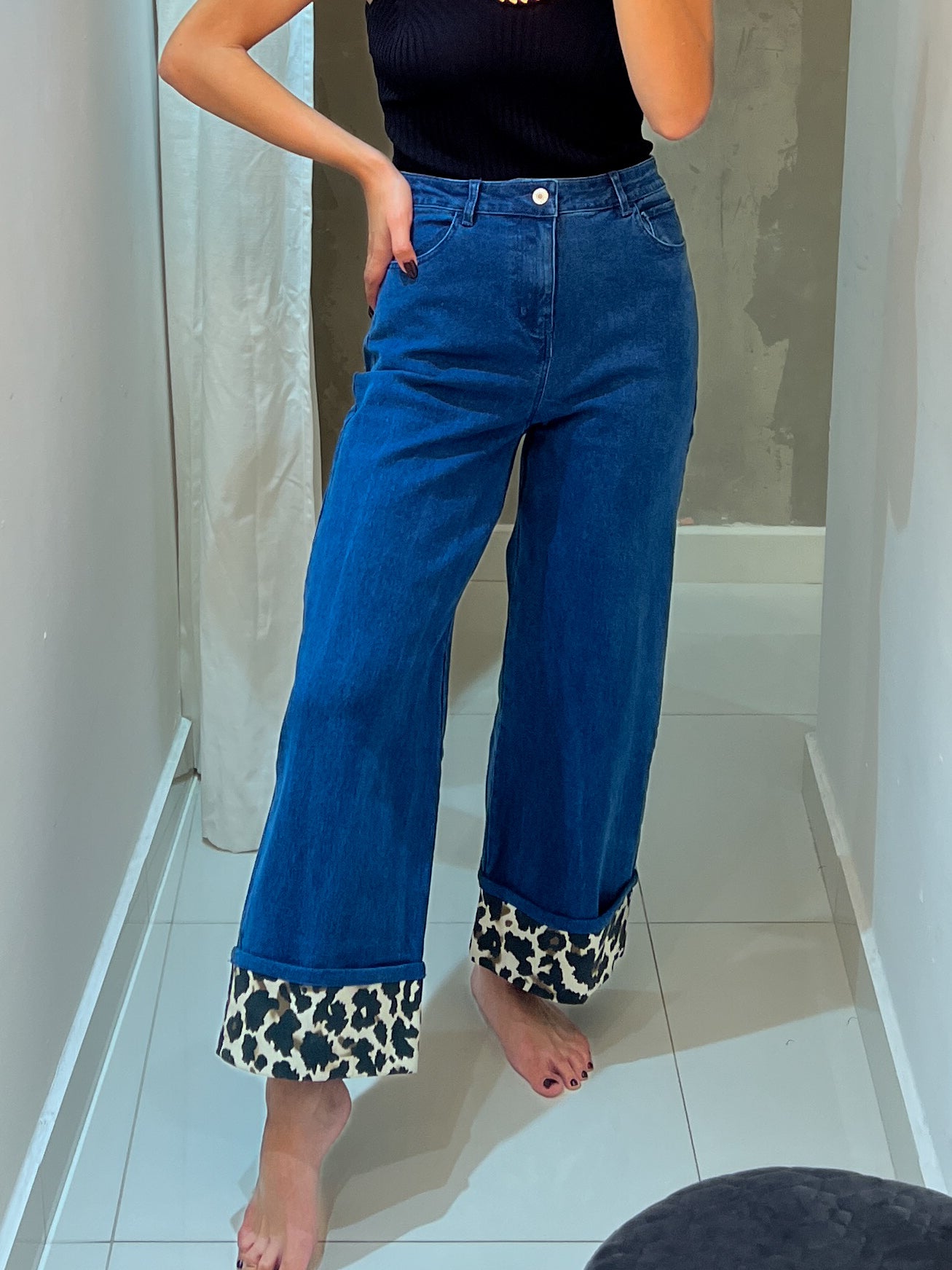 MARIOLA ANIMAL PRINT CUFF DENIM PANT