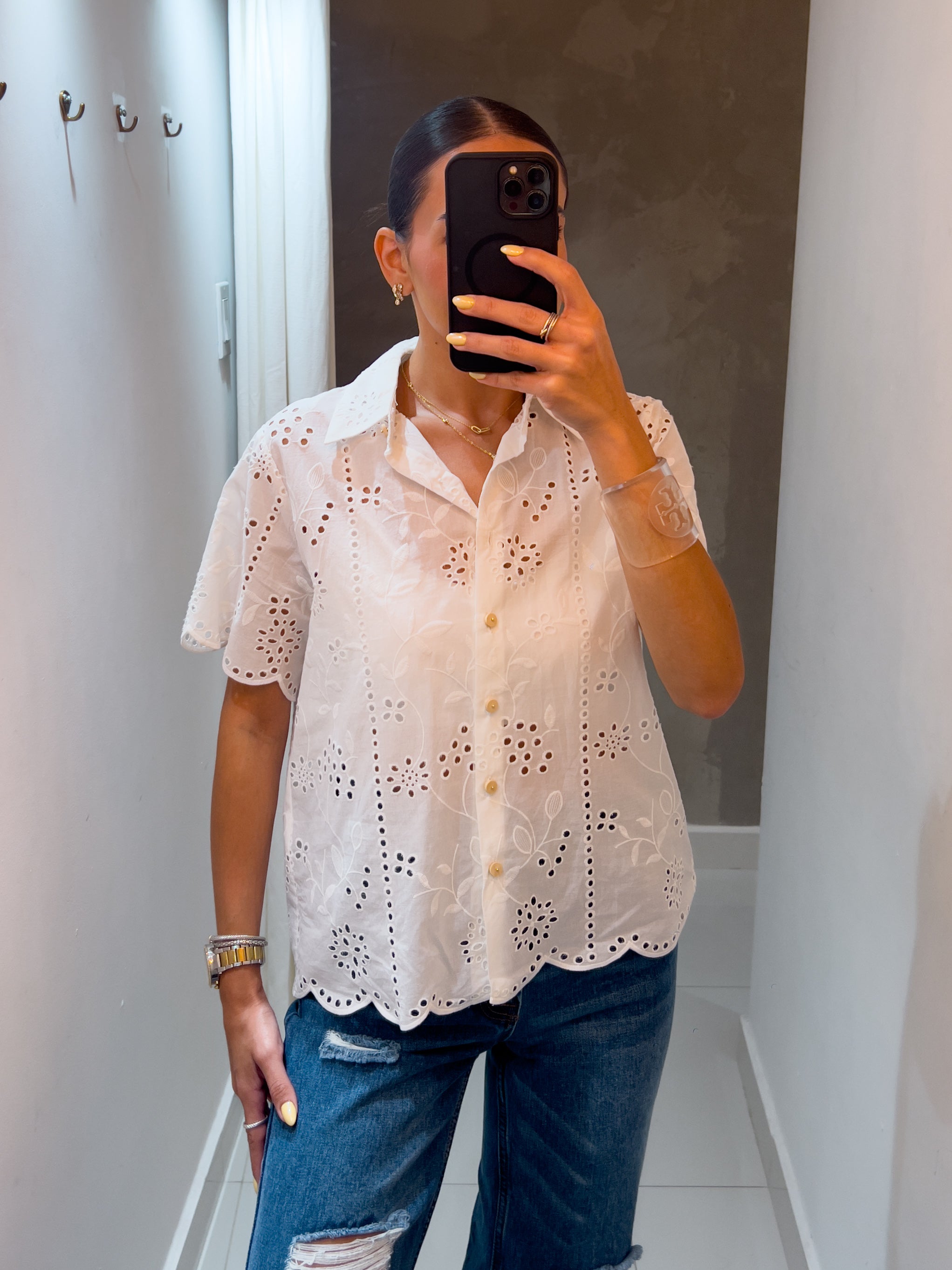 CHLOE EYELET BUTTON DOWN BLOUSE IN WHITE