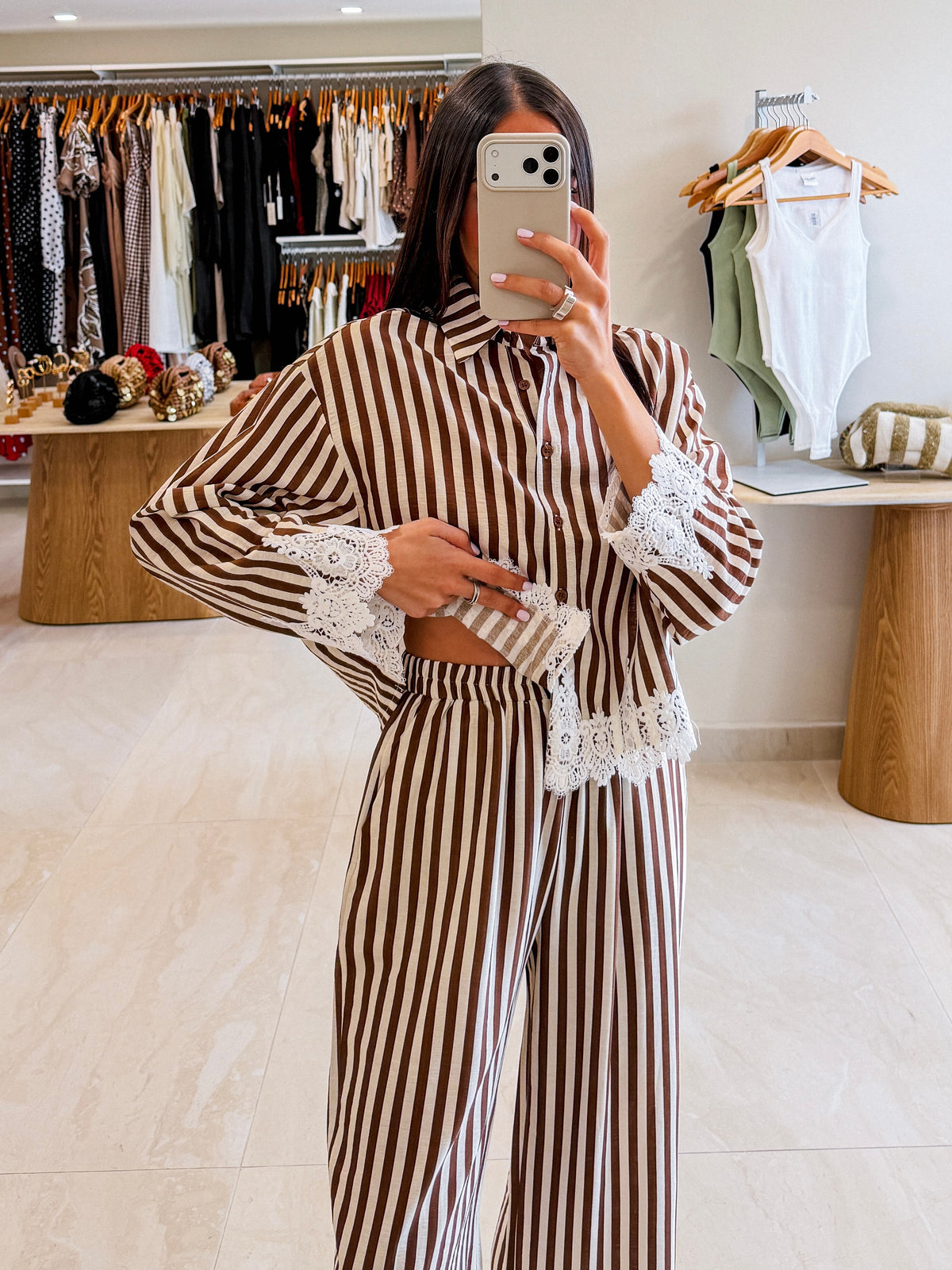 MATILDA MOCHA STRIPED LACE TRIM PANTS SET