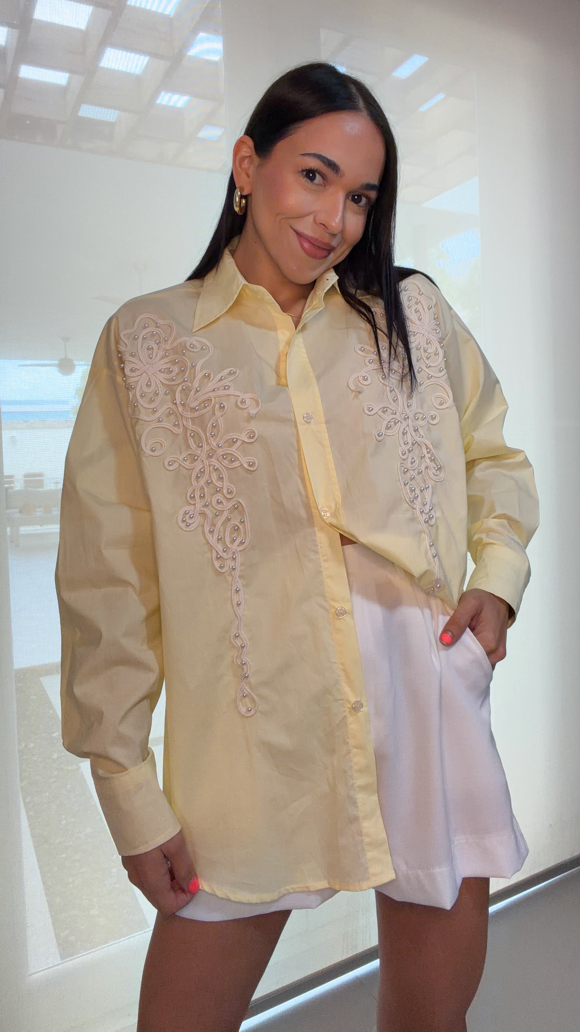 ISTELLA BUTTER YELLOW PEARL DETAIL BLOUSE
