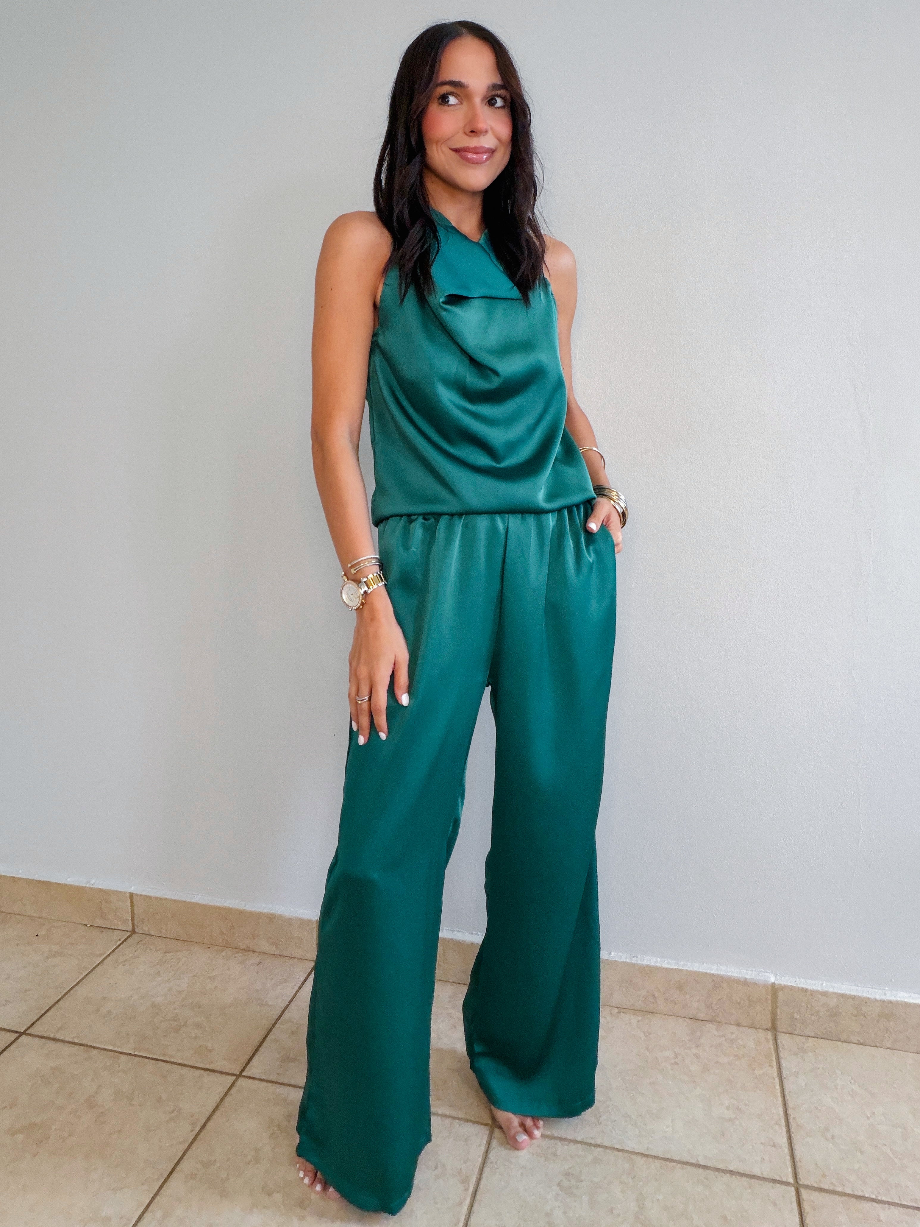 MONET SATIN PANTS SET IN EMERALD GREEN