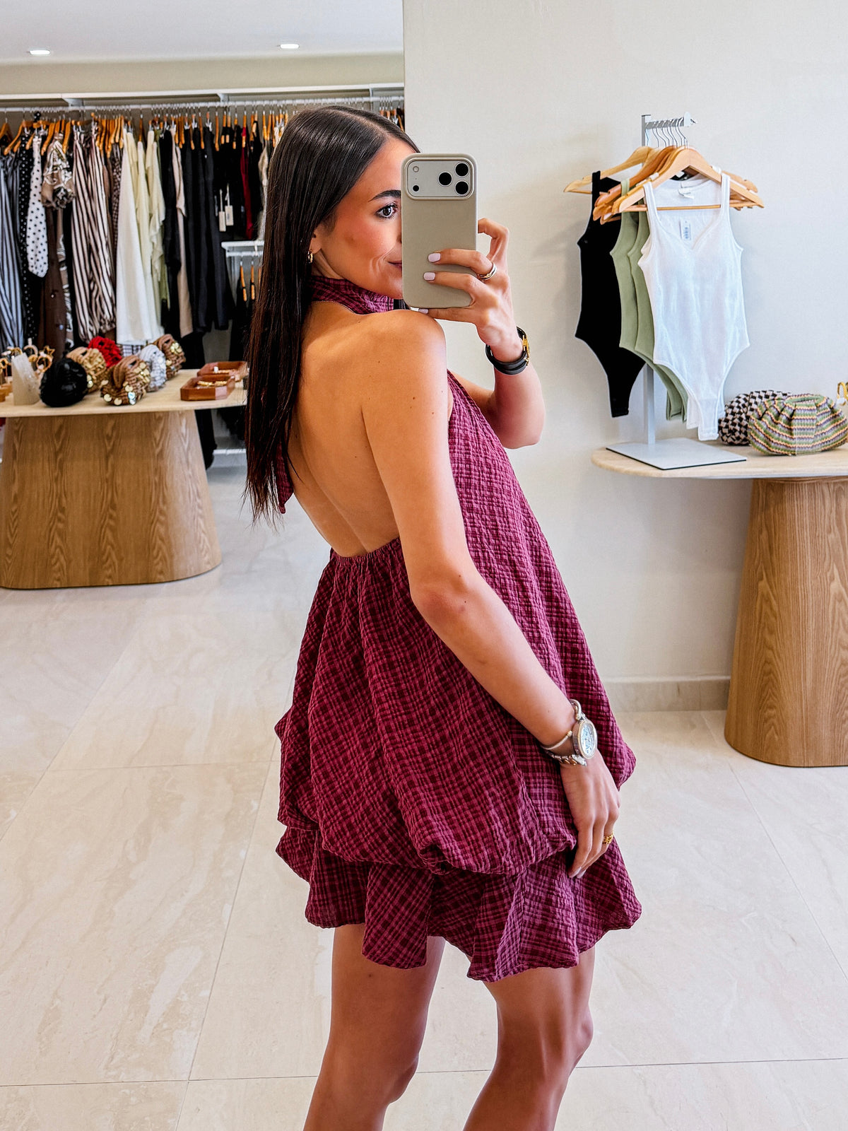 SASHA PLAID HALTER BUBBLE MINI DRESS